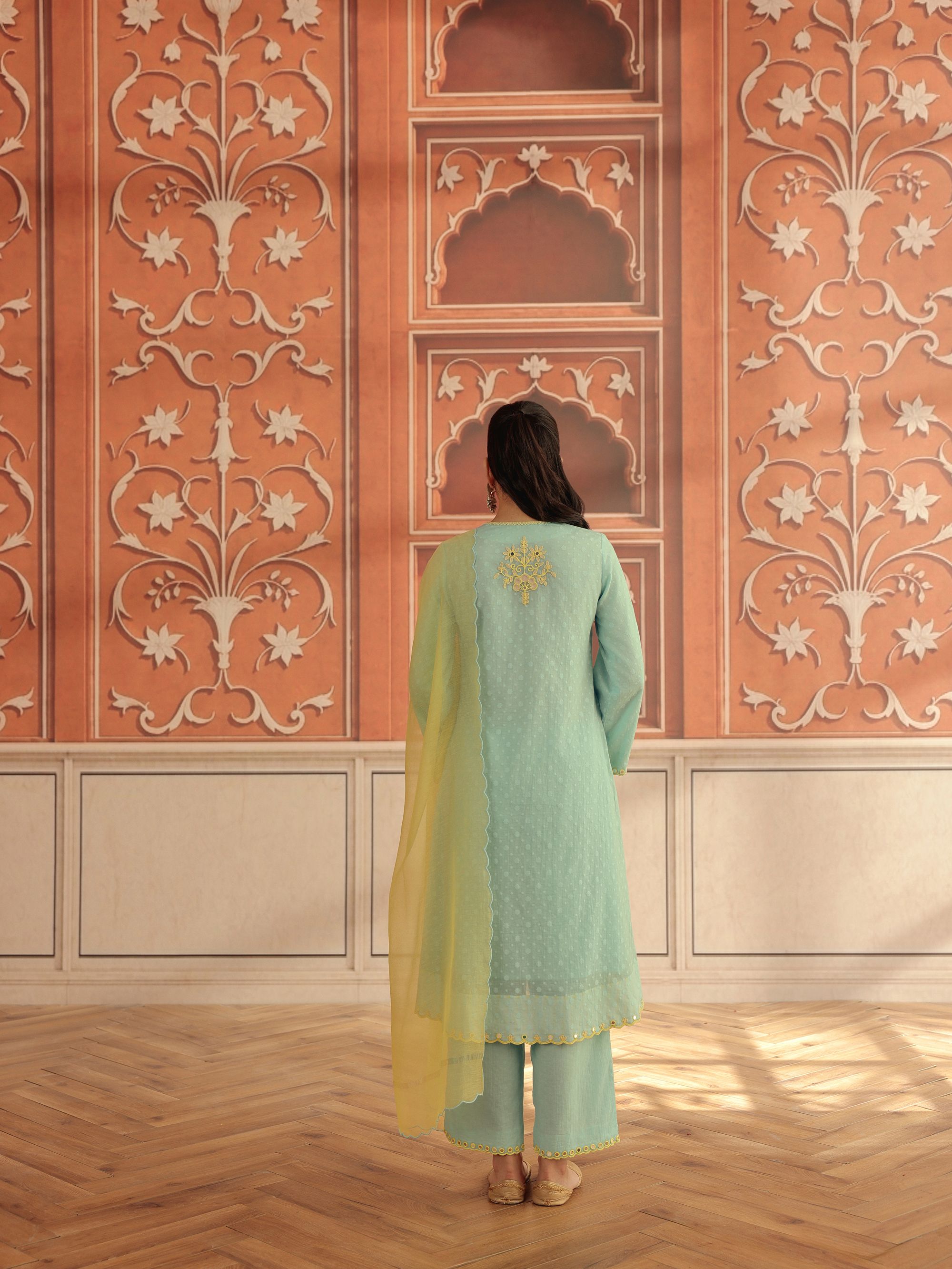 Avena Blue Mirror Work Jacquard Handcrafted Kurta Set