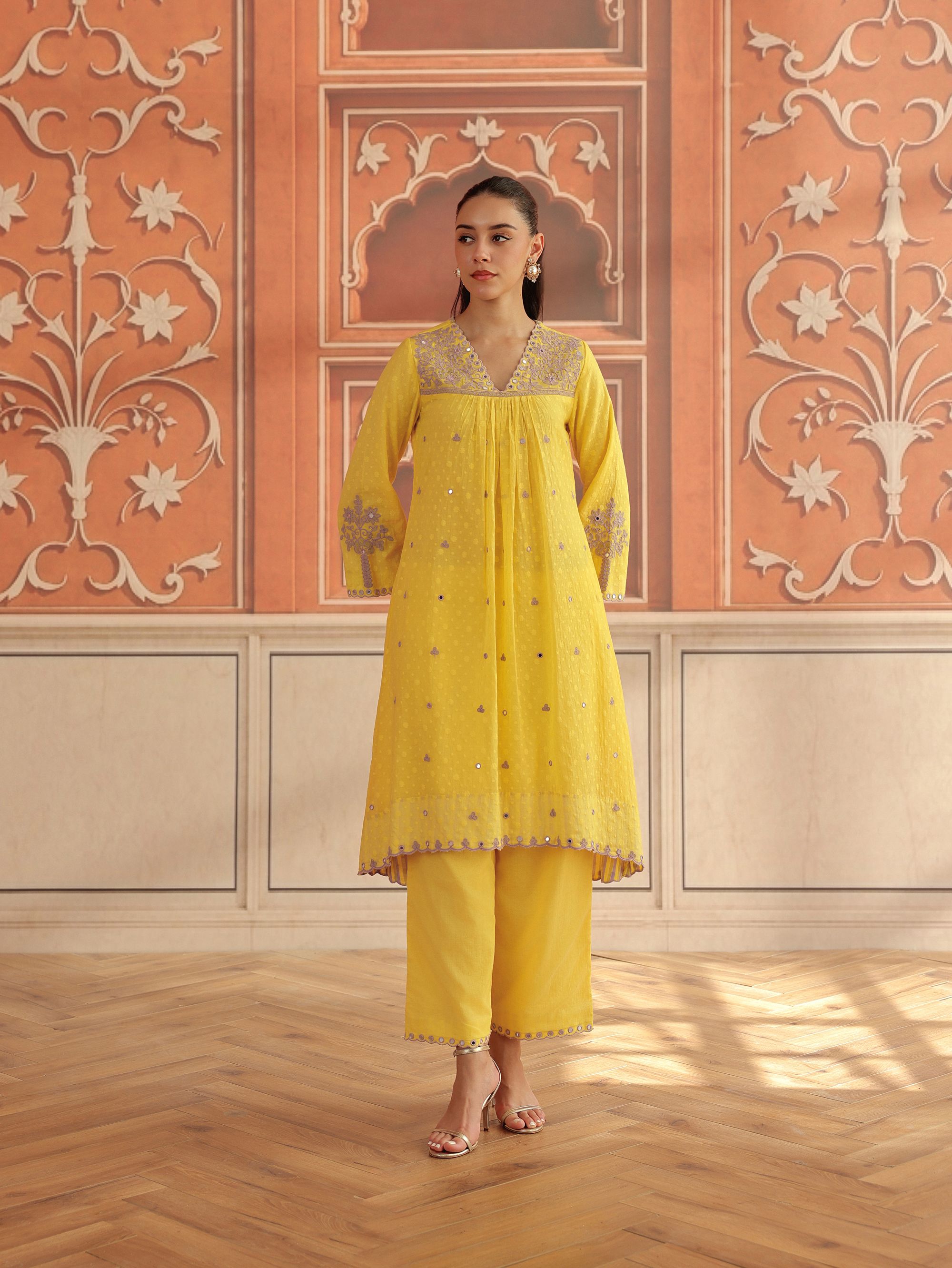 Avena Yellow Mirror Work Jacquard Handcrafted Kurta Set