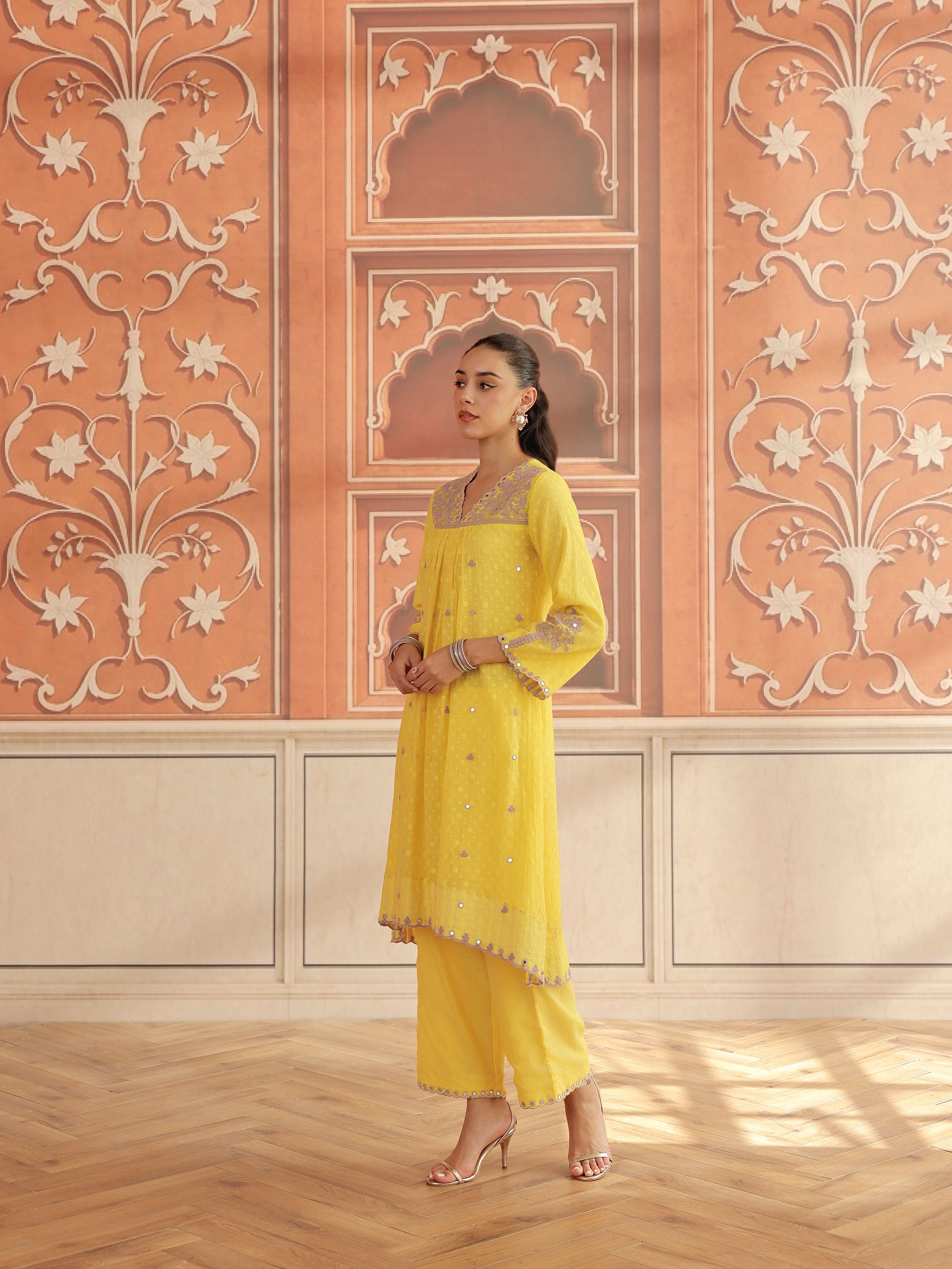 Avena Yellow Mirror Work Jacquard Handcrafted Kurta Set