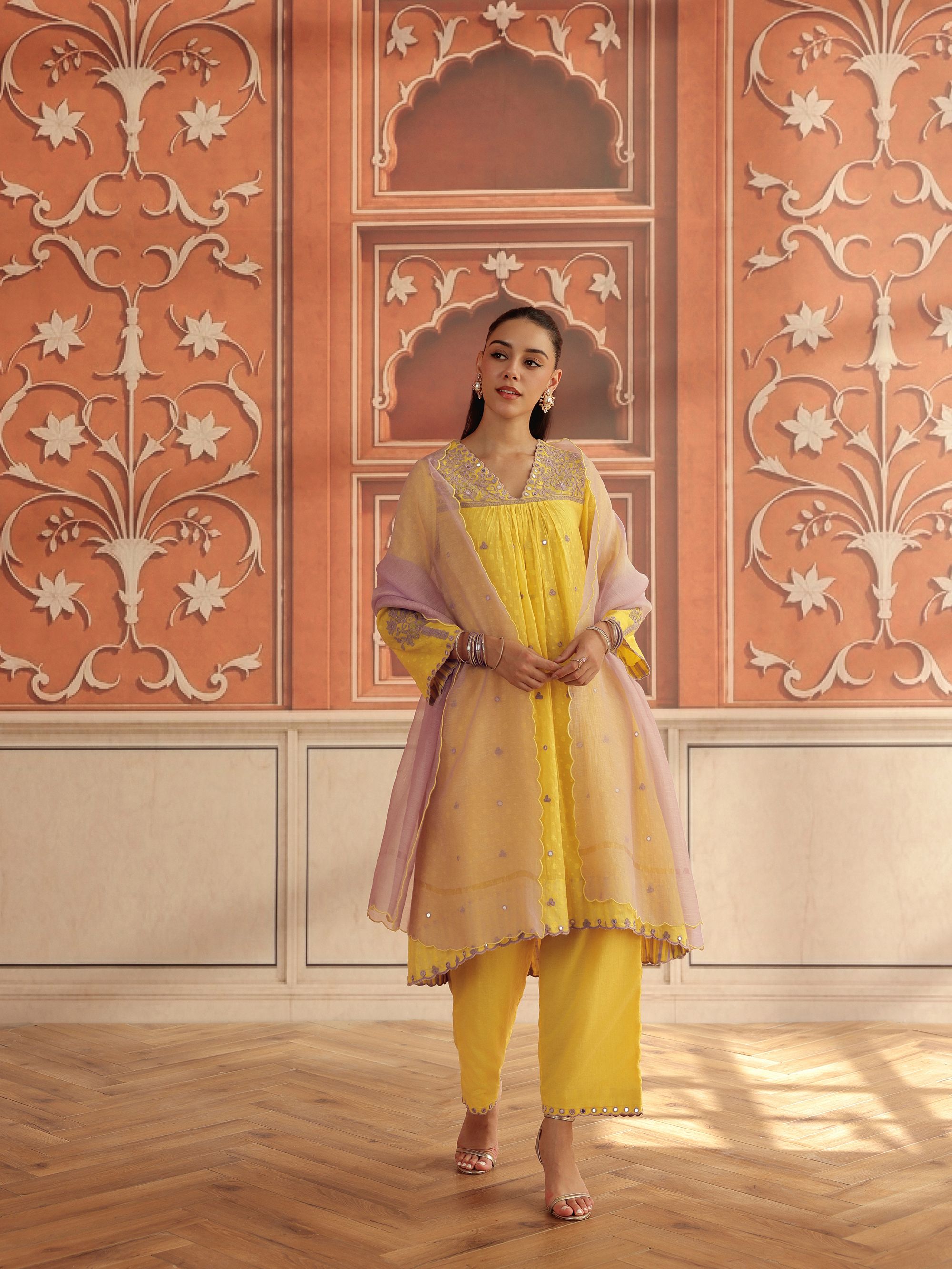 Avena Yellow Mirror Work Jacquard Handcrafted Kurta Set