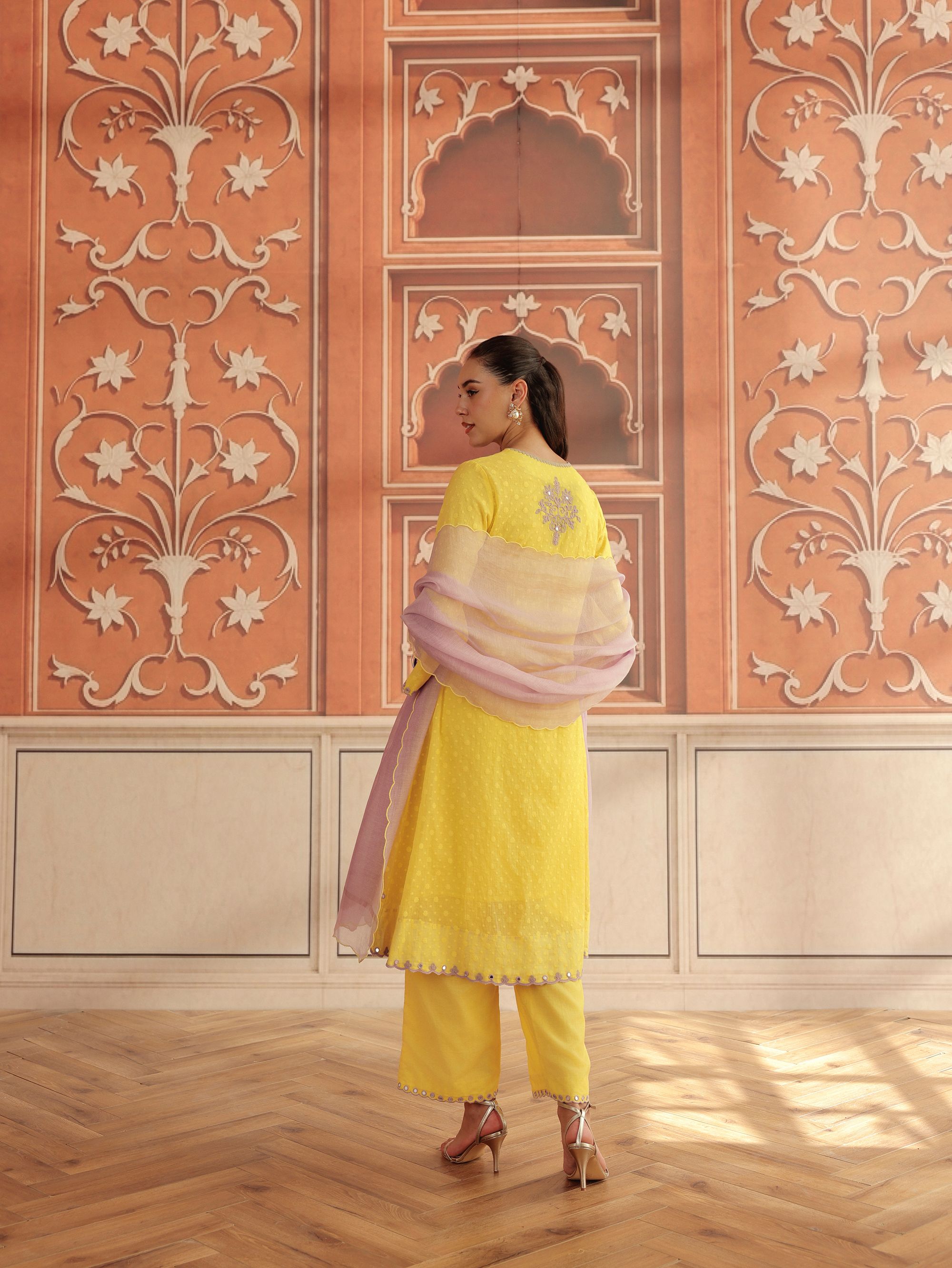 Avena Yellow Mirror Work Jacquard Handcrafted Kurta Set