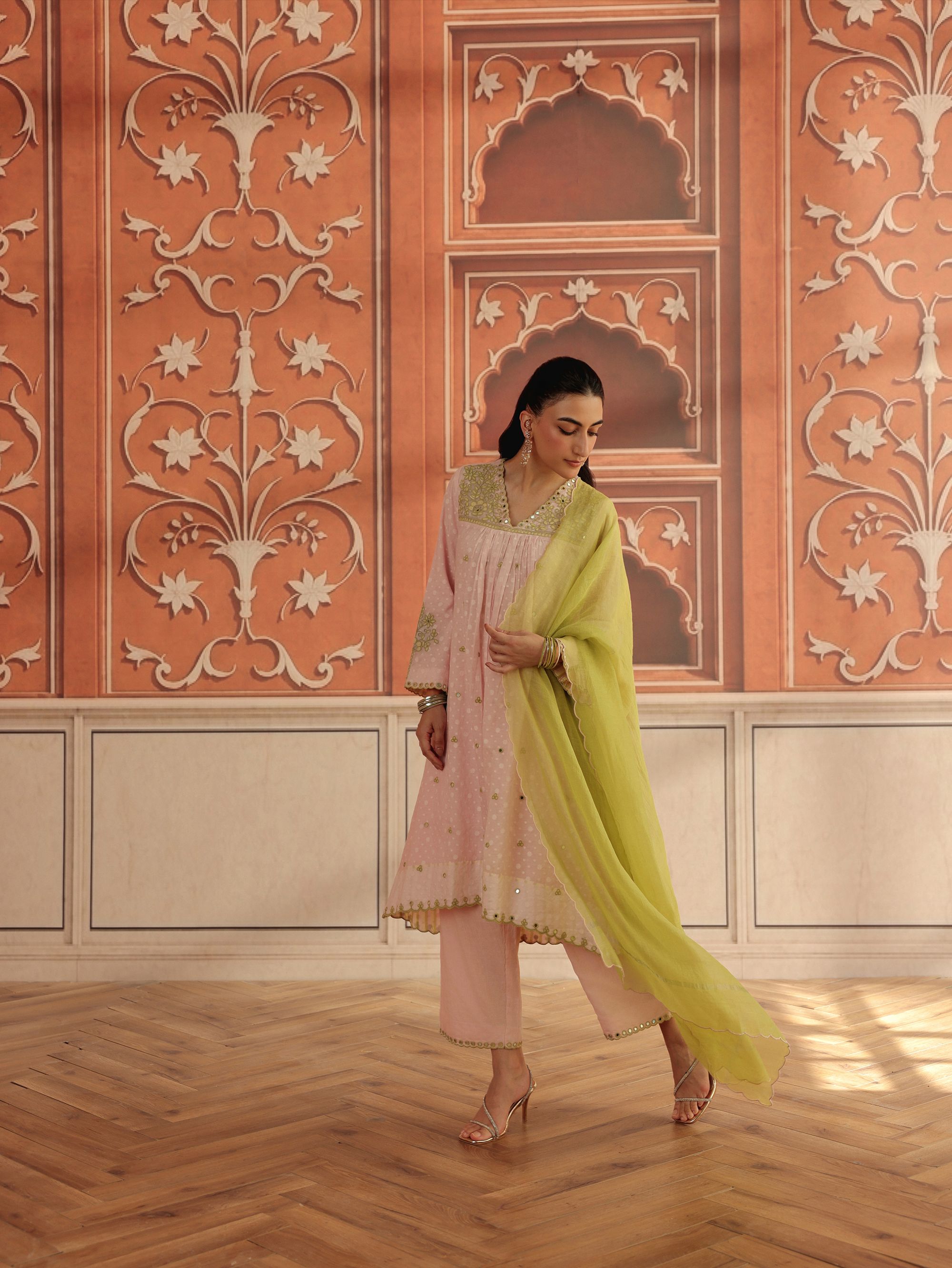 Avena Pink Mirror Work Jacquard Handcrafted Kurta Set