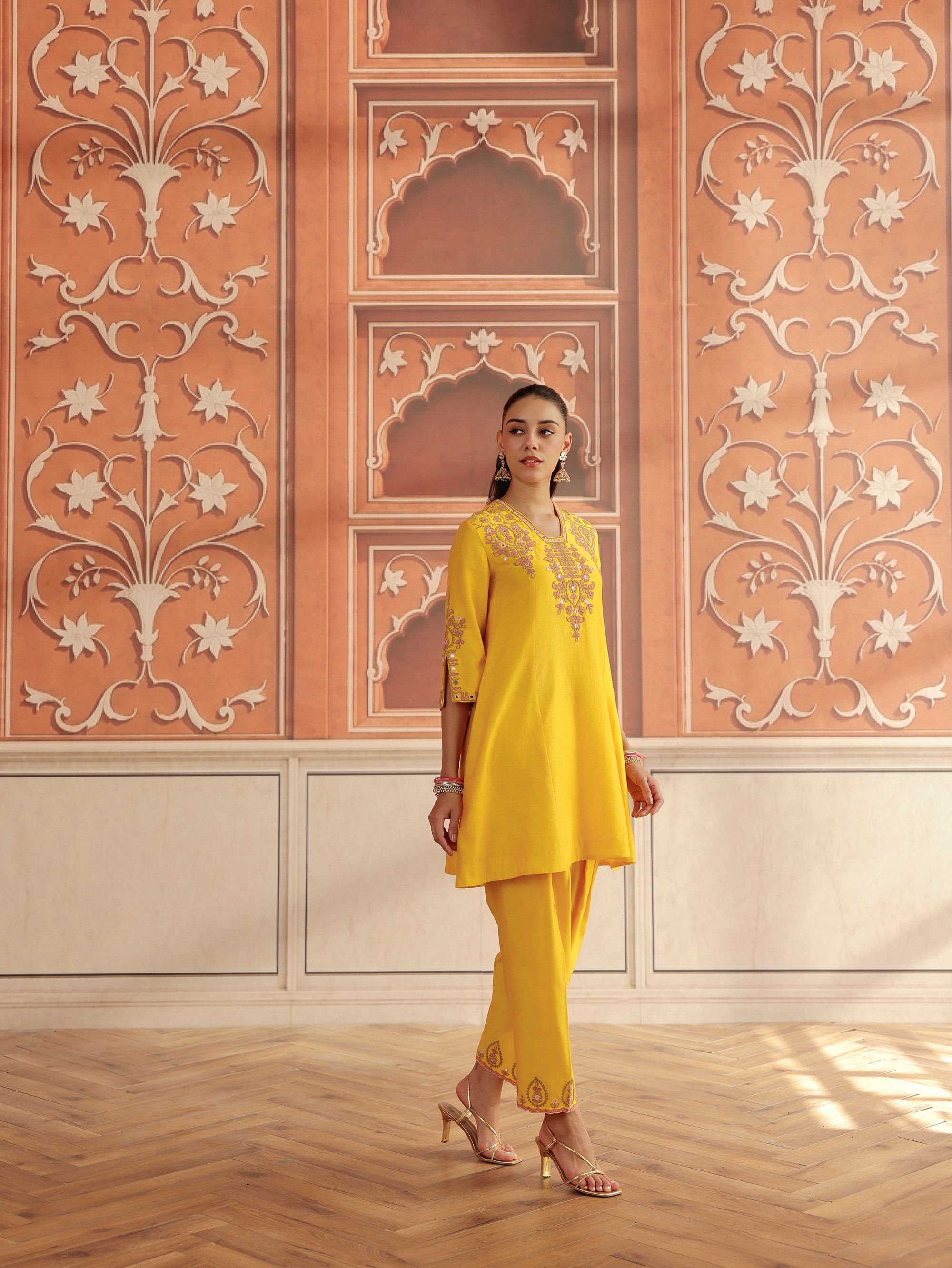Zora Yellow Mirror Work Silk Chanderi Handcrafted A-Line Kurta Set