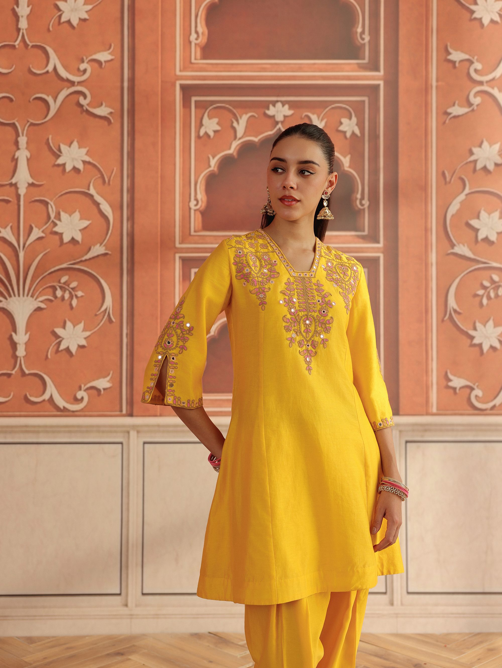 Zora Yellow Mirror Work Silk Chanderi Handcrafted A-Line Kurta Set