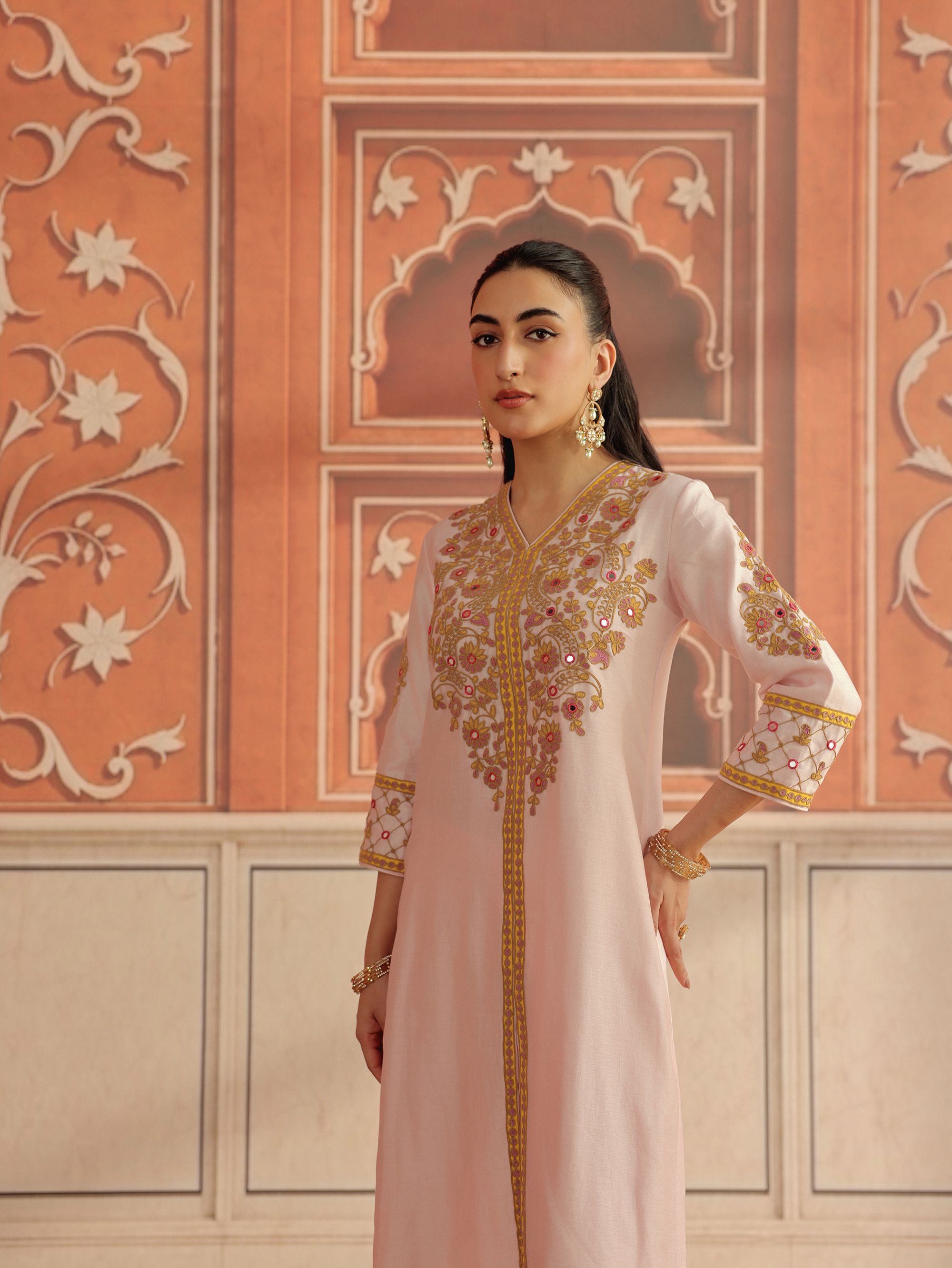 Veera Baby Pink Mirror Work Silk Chanderi Handcrafted Kurta Set