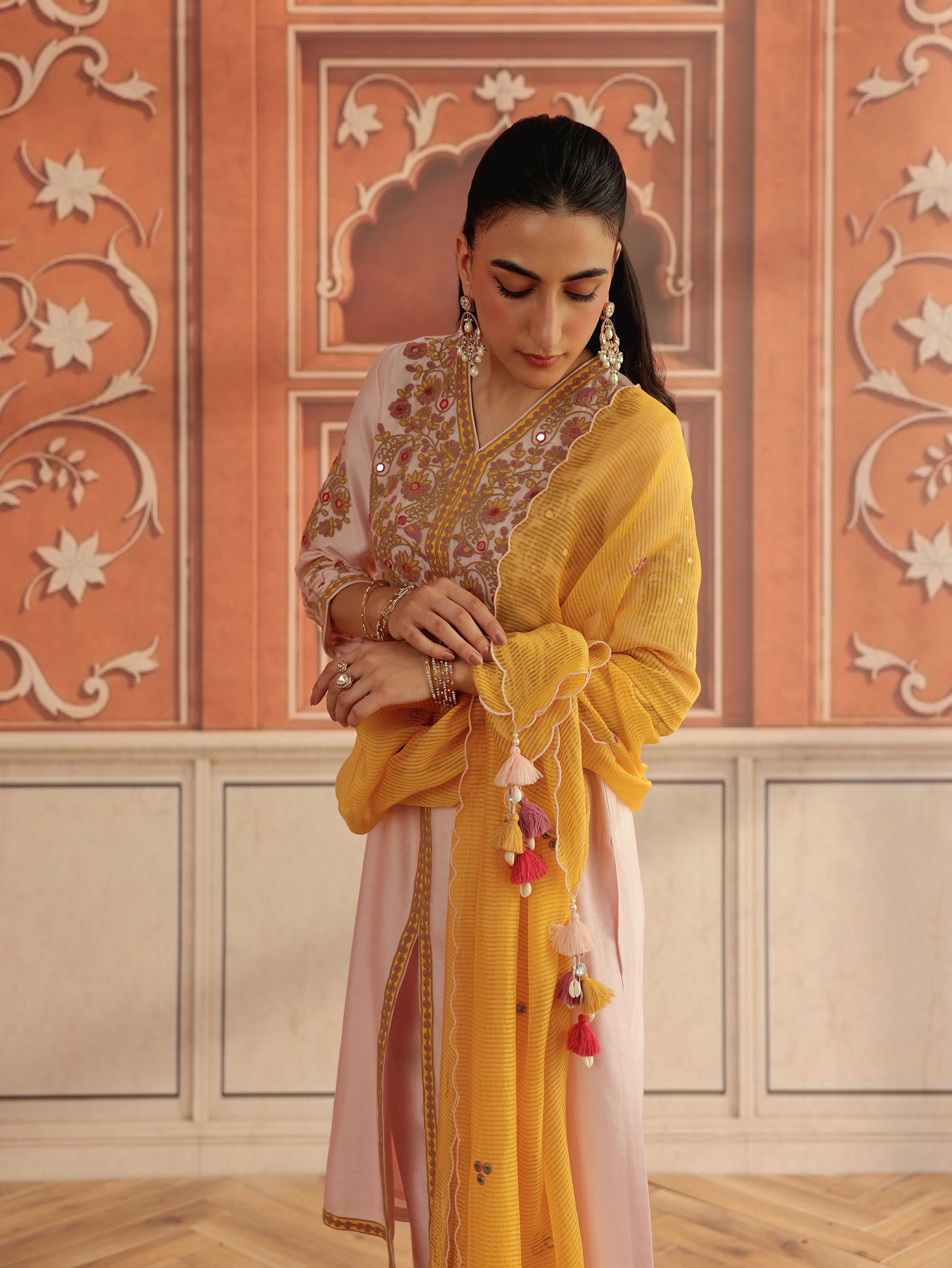 Veera Baby Pink Mirror Work Silk Chanderi Handcrafted Kurta Set