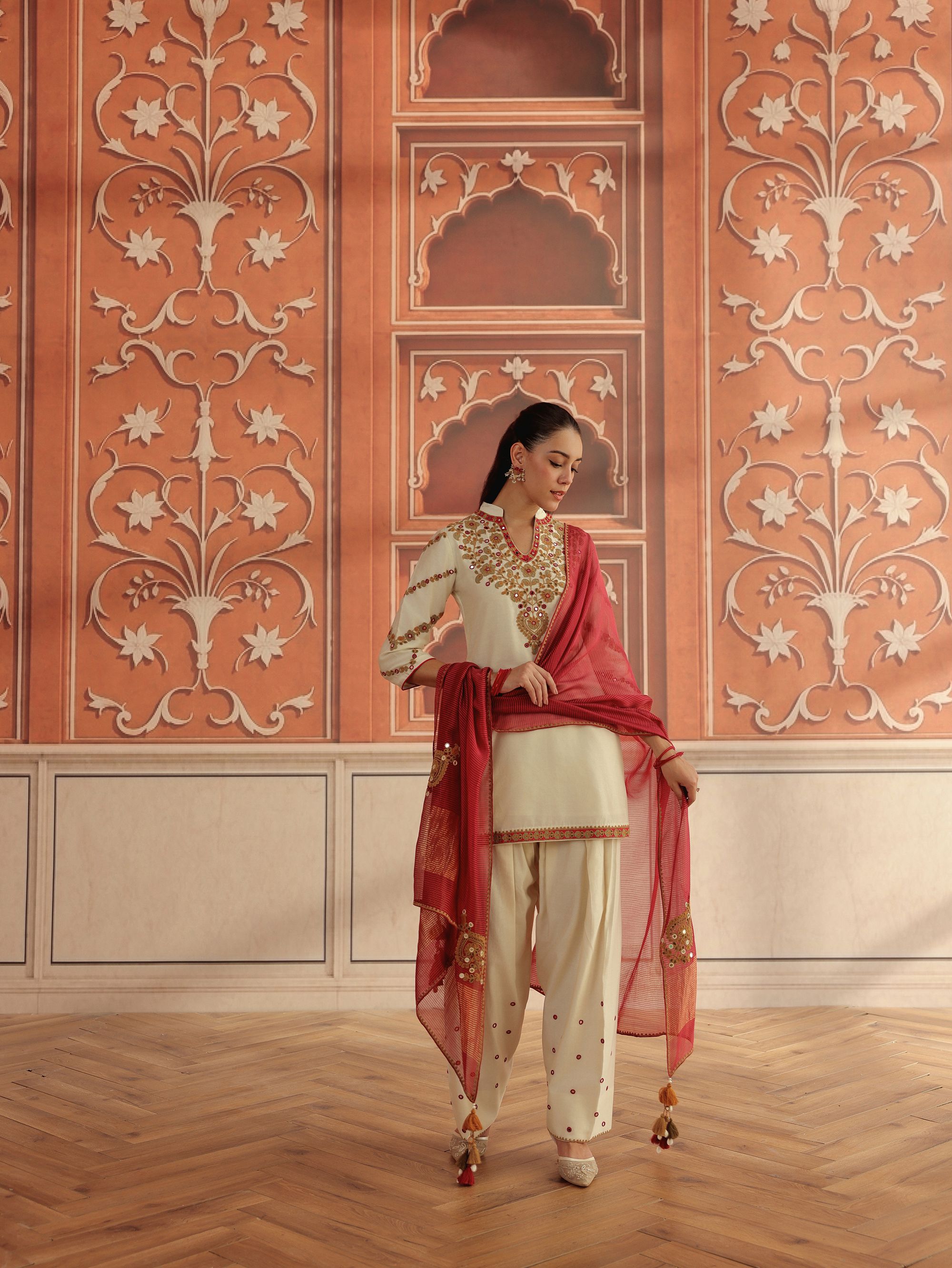 Rasa Ivory Mirror Work Handcrafted Silk Chanderi Short Kurta Set with Farshi Salwar