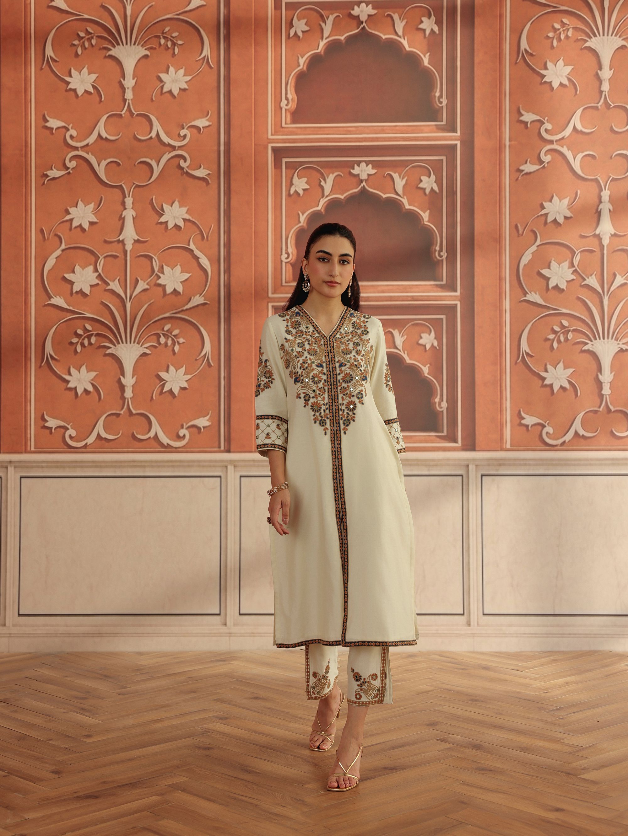 Veera Ivory Mirror Work Silk Chanderi Handcrafted Kurta Set