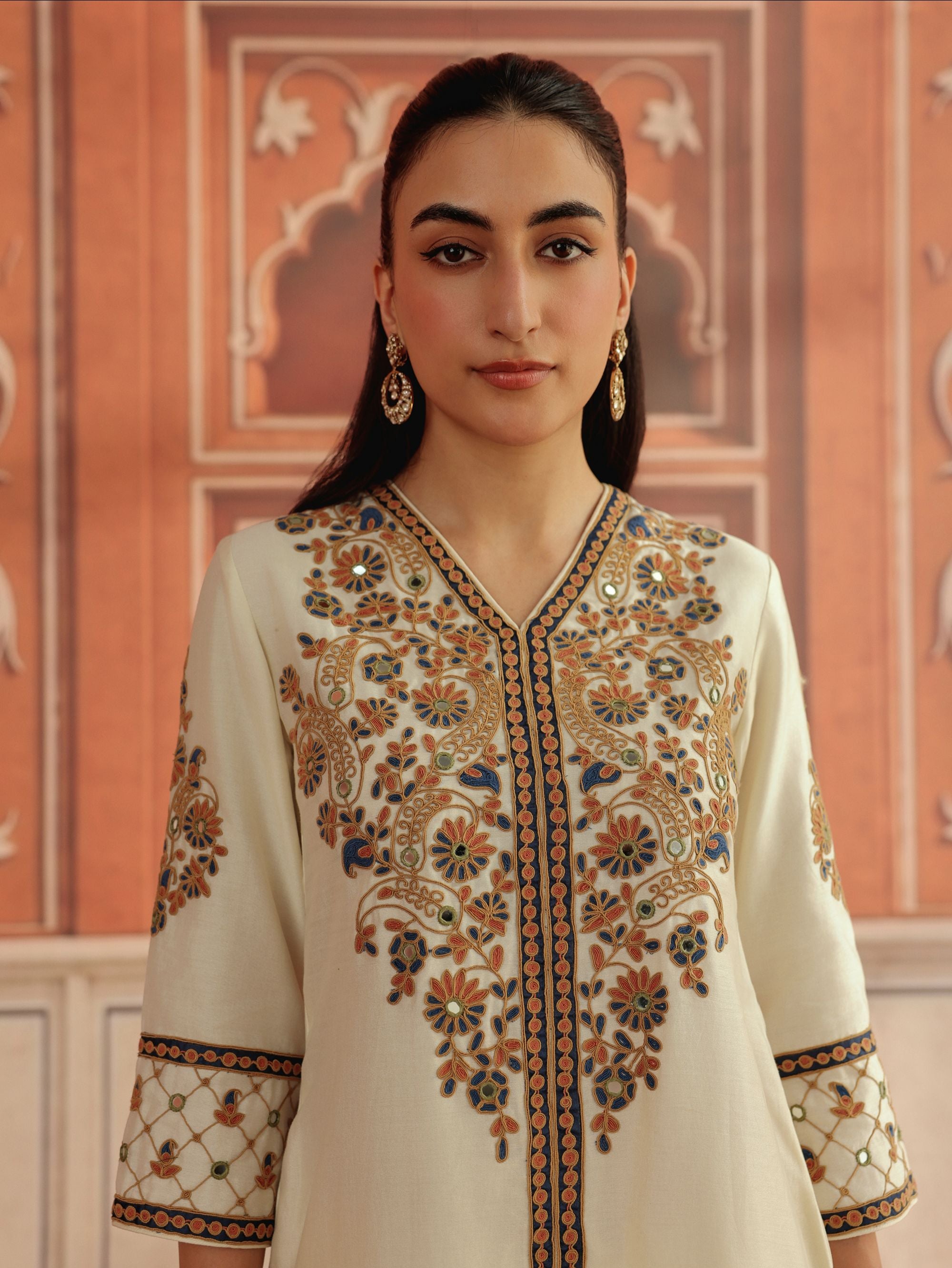 Veera Ivory Mirror Work Silk Chanderi Handcrafted Kurta Set