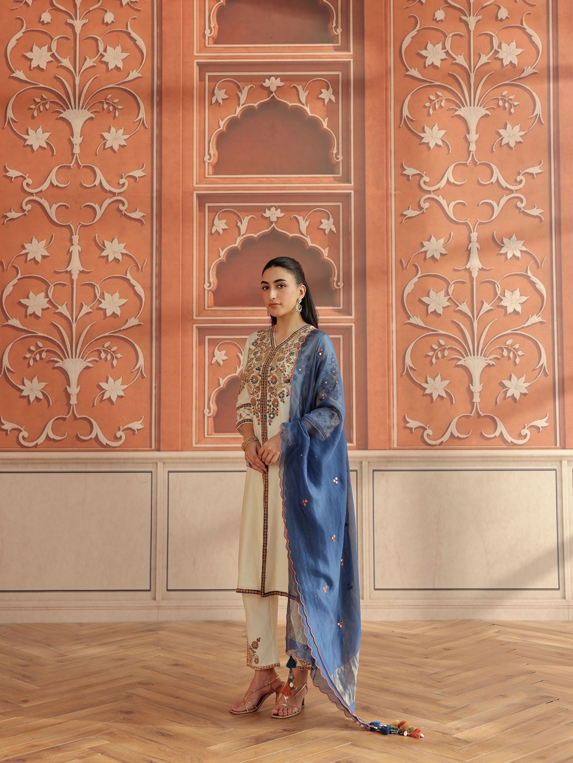 Veera Ivory Mirror Work Silk Chanderi Handcrafted Kurta Set