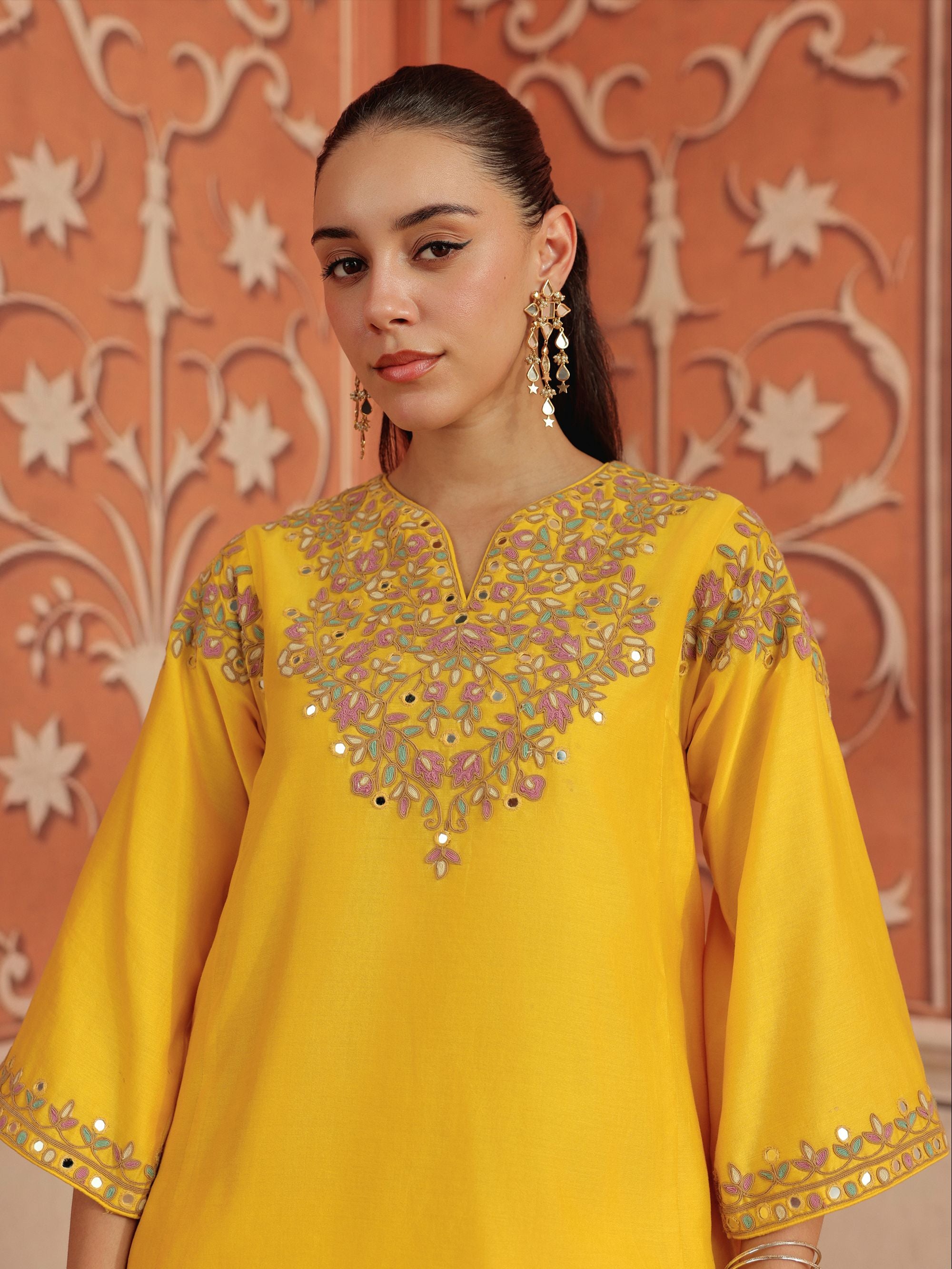 Mirae Yellow Mirror Work Silk Chanderi Handcrafted Choga Set