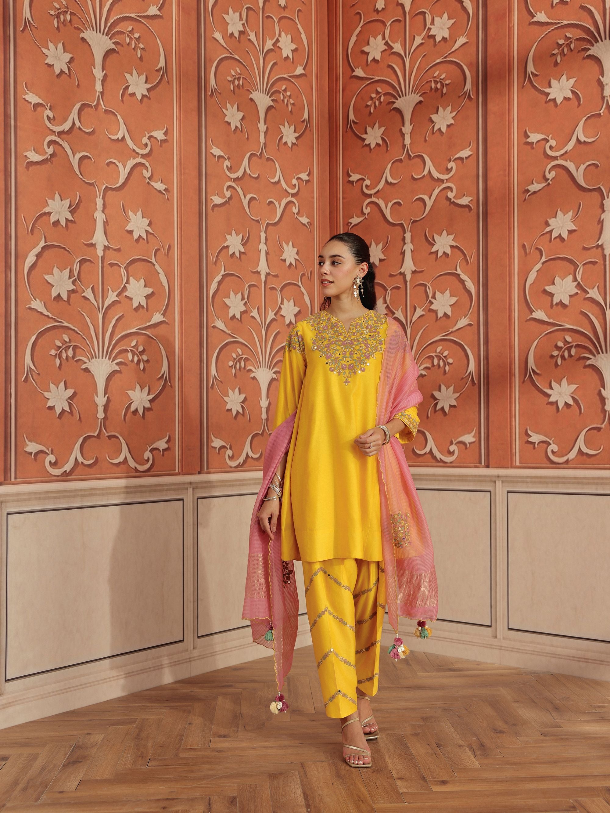 Mirae Yellow Mirror Work Silk Chanderi Handcrafted Choga Set