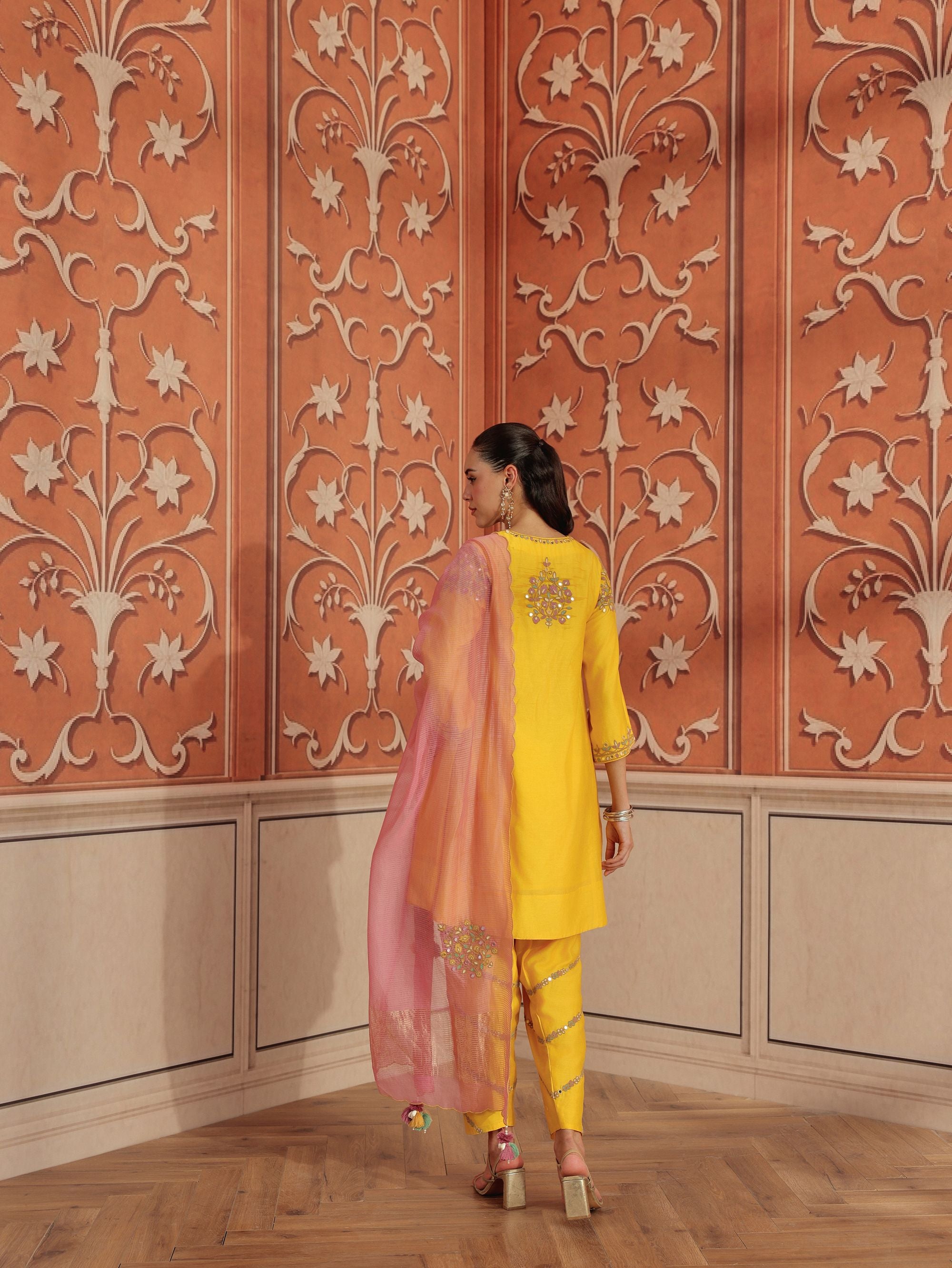 Mirae Yellow Mirror Work Silk Chanderi Handcrafted Choga Set