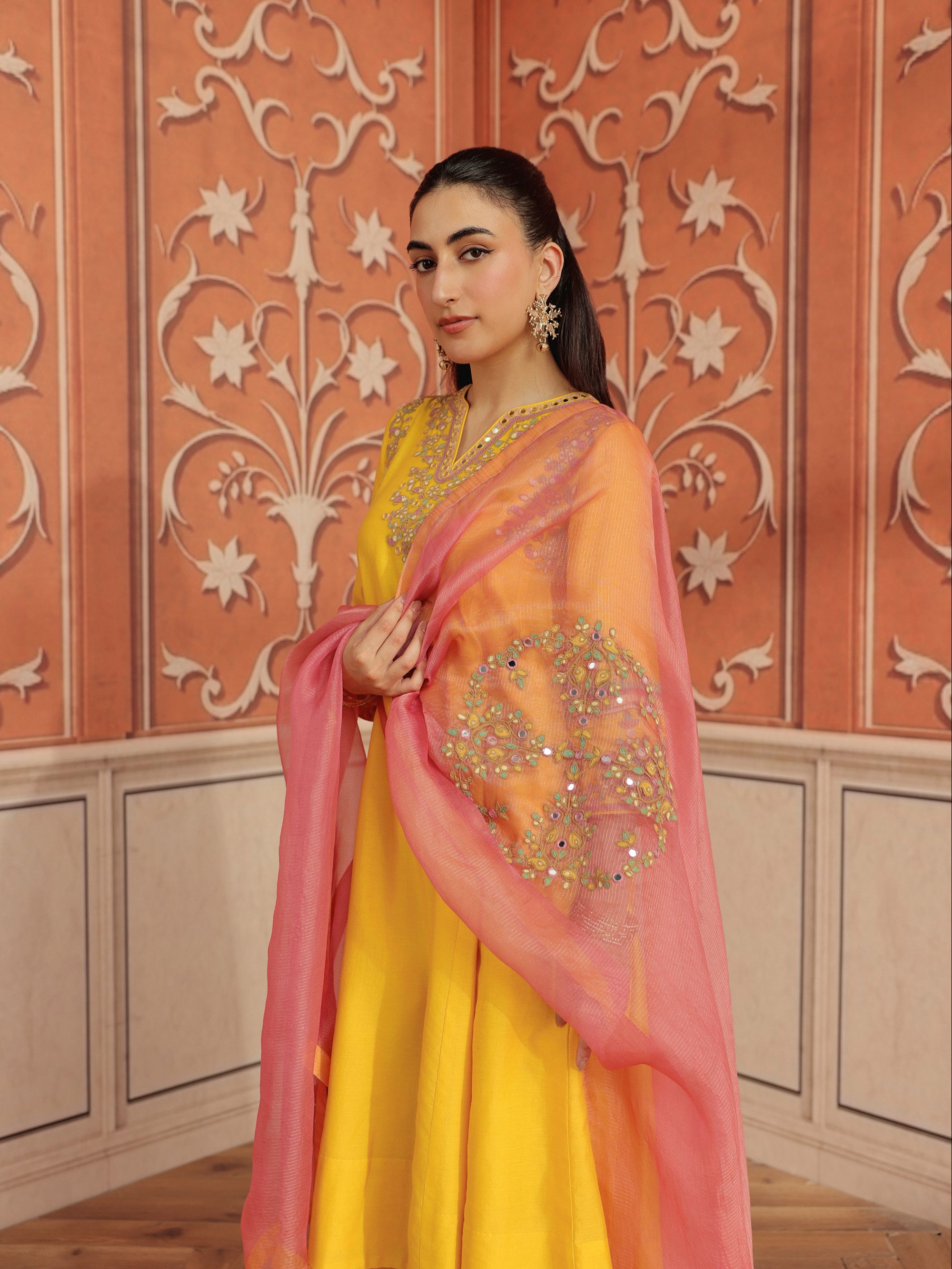 Lehar Yellow Mirror Work Silk Chanderi Handcrafted Kurta Set