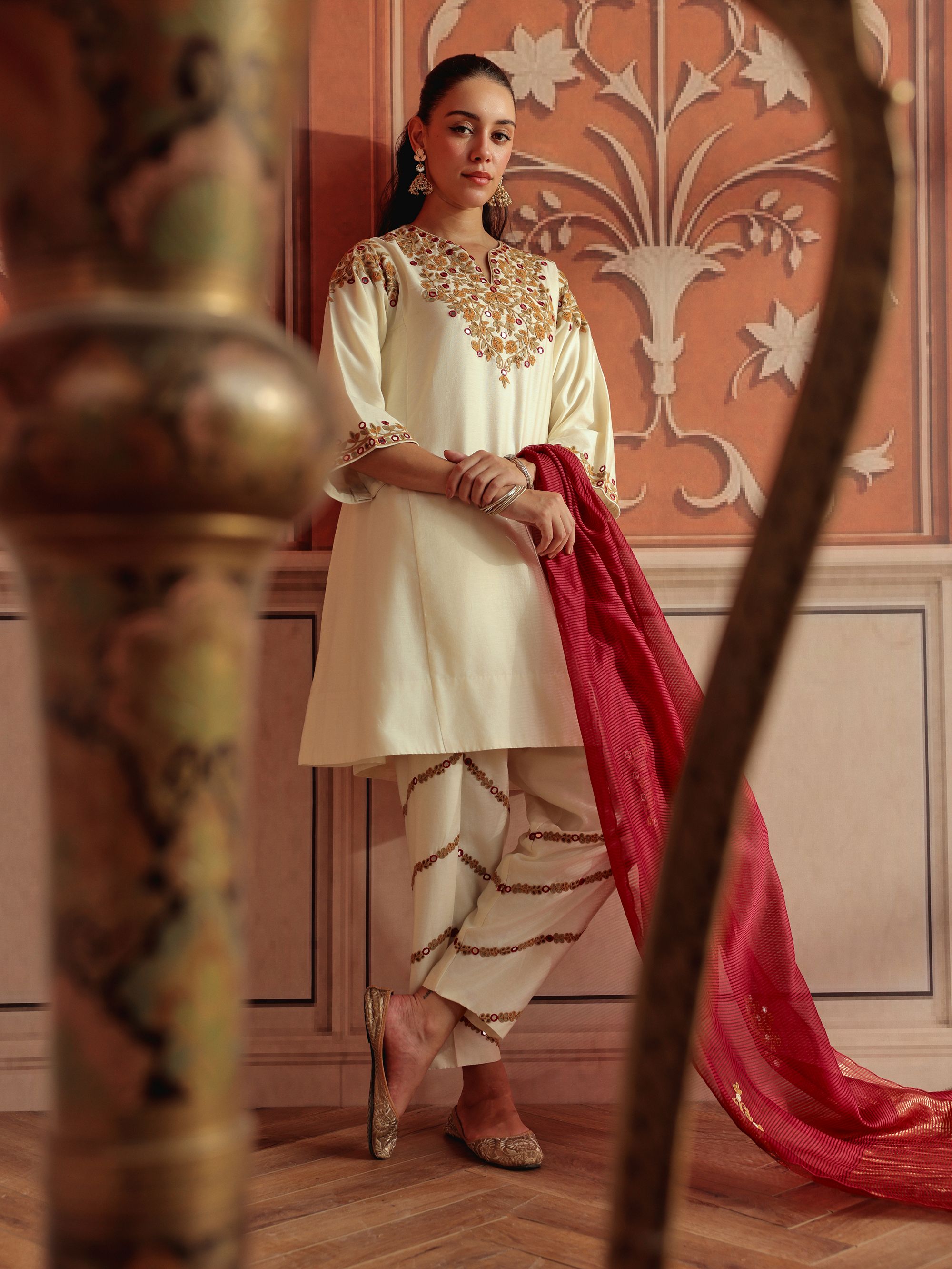 Mirae Ivory Mirror Work Silk Chanderi Handcrafted Choga Set
