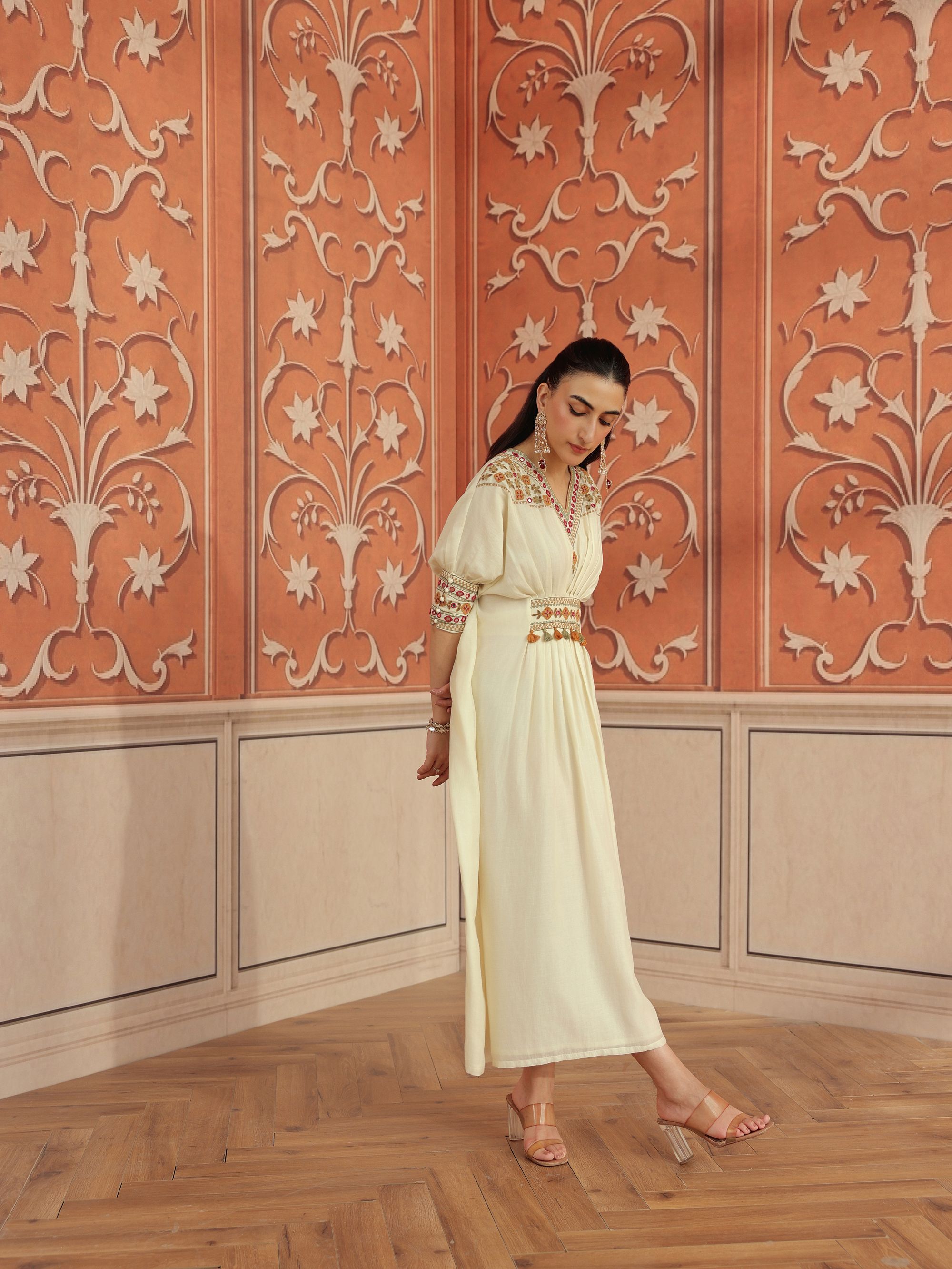 Ruvina Ivory Mirror Work Mul Chanderi Handcrafted Kaftan