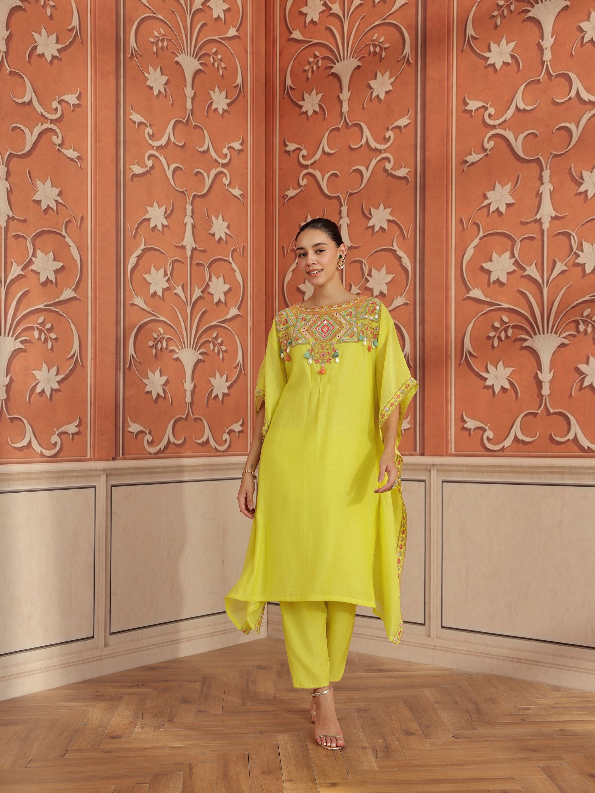 Maheen Lime Mirror Work Mul Chanderi Handcrafted Kaftan Set