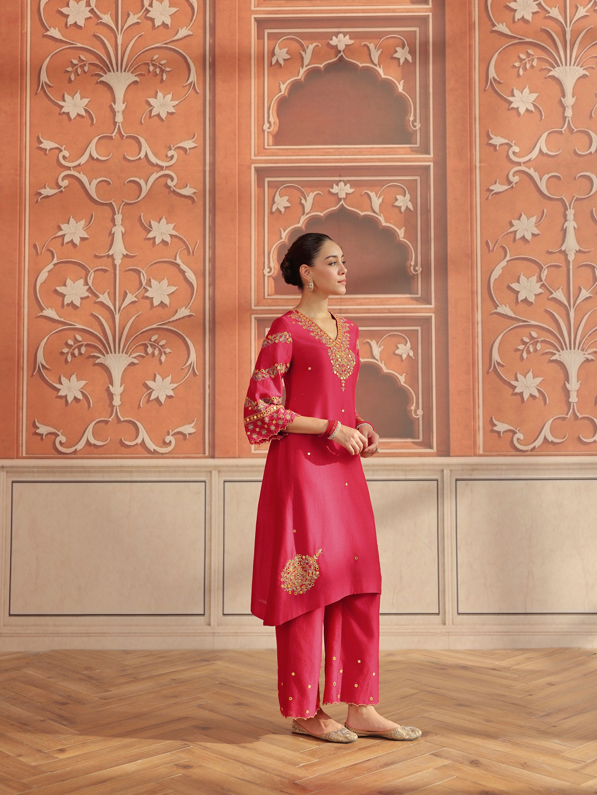 Avin Ruby Pink Mirror Work Silk Chanderi Handcrafted Kurta Set