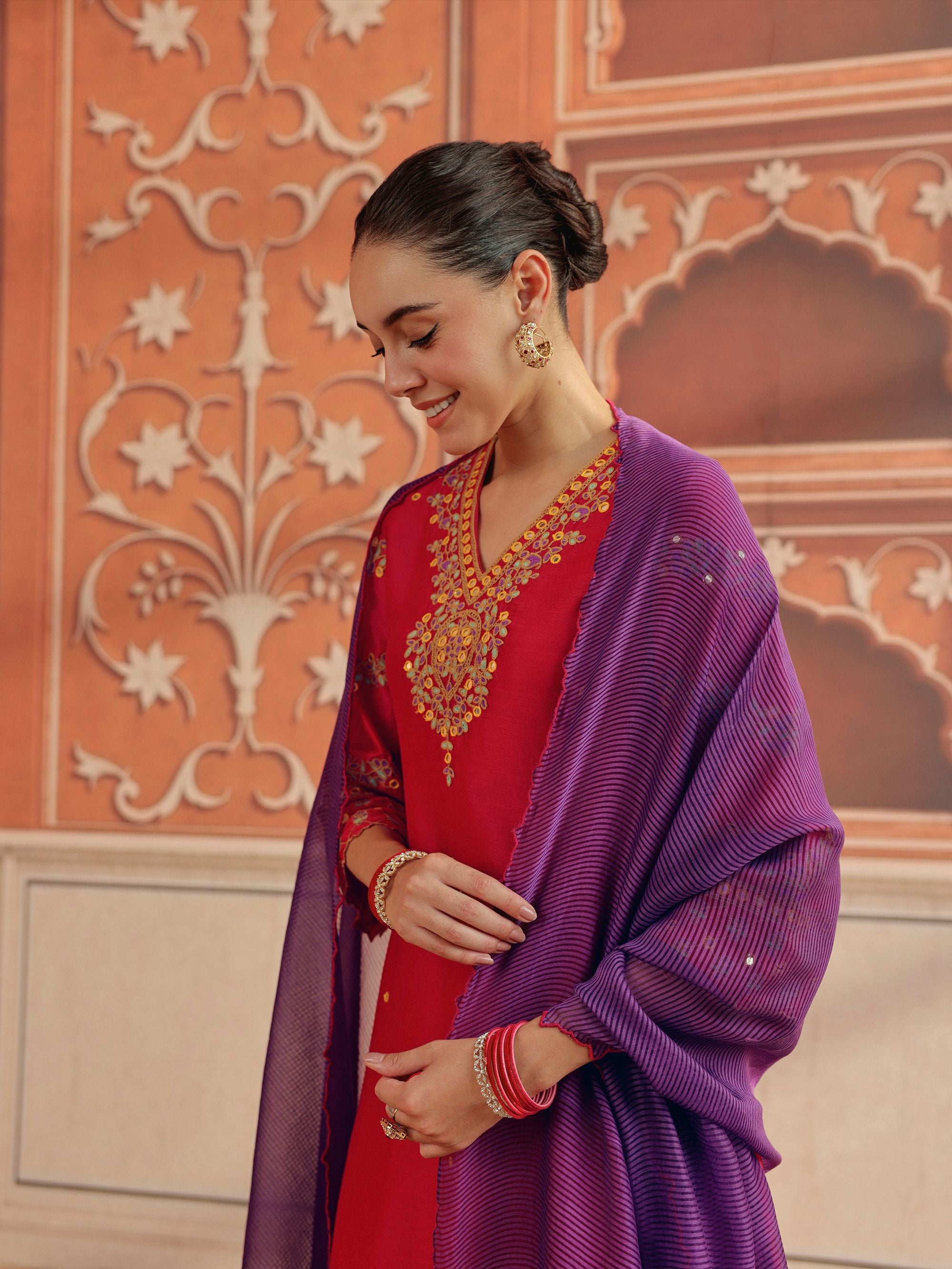 Avin Ruby Pink Mirror Work Silk Chanderi Handcrafted Kurta Set