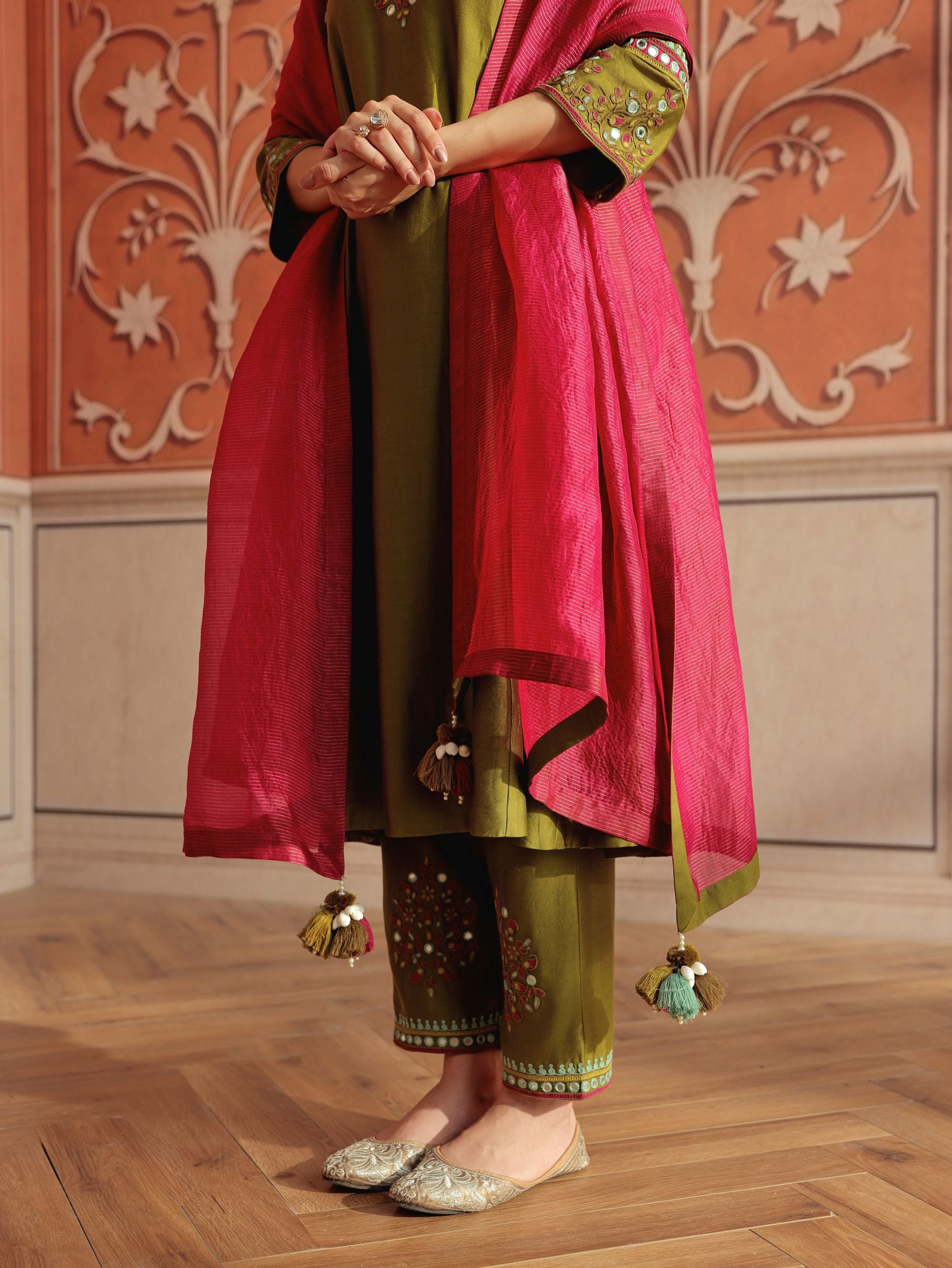 Lehar Olive Green Mirror Work Silk Chanderi Handcrafted Kurta Set