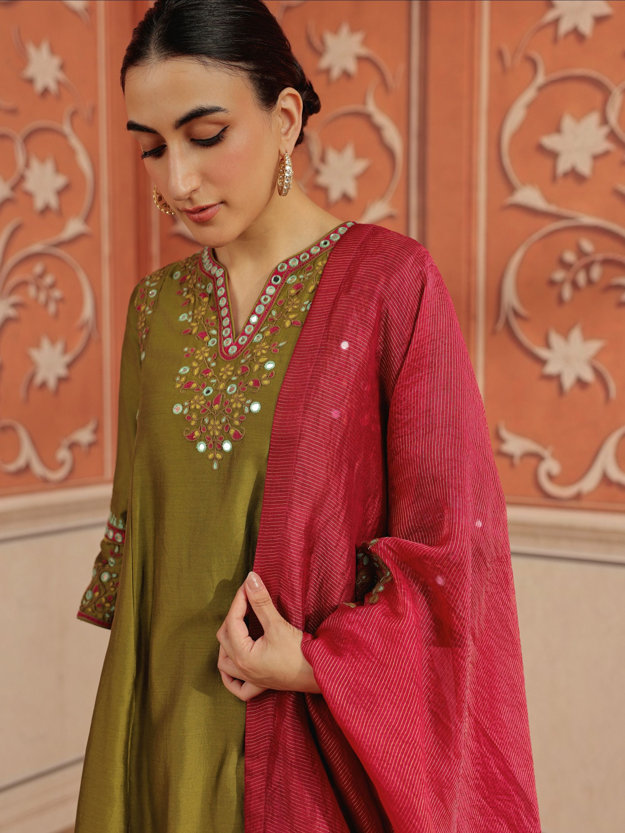 Lehar Olive Green Mirror Work Silk Chanderi Handcrafted Kurta Set