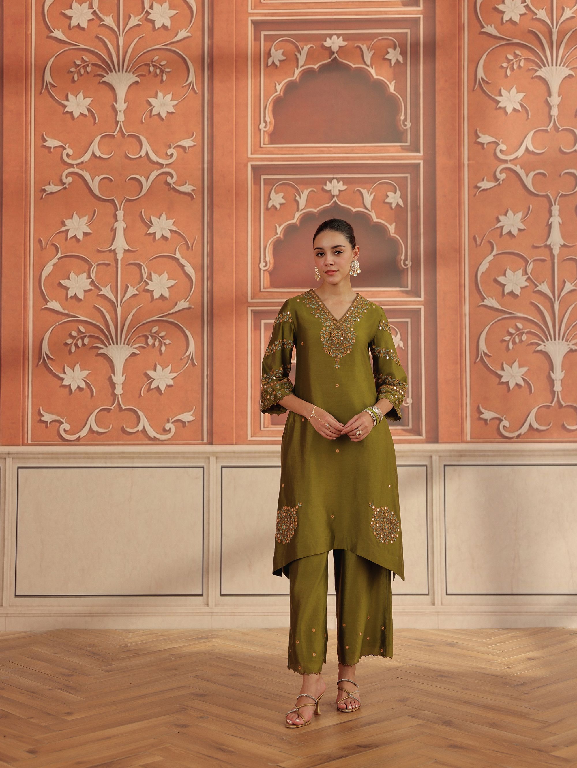 Avin Olive Green Mirror Work Silk Chanderi Handcrafted Kurta Set