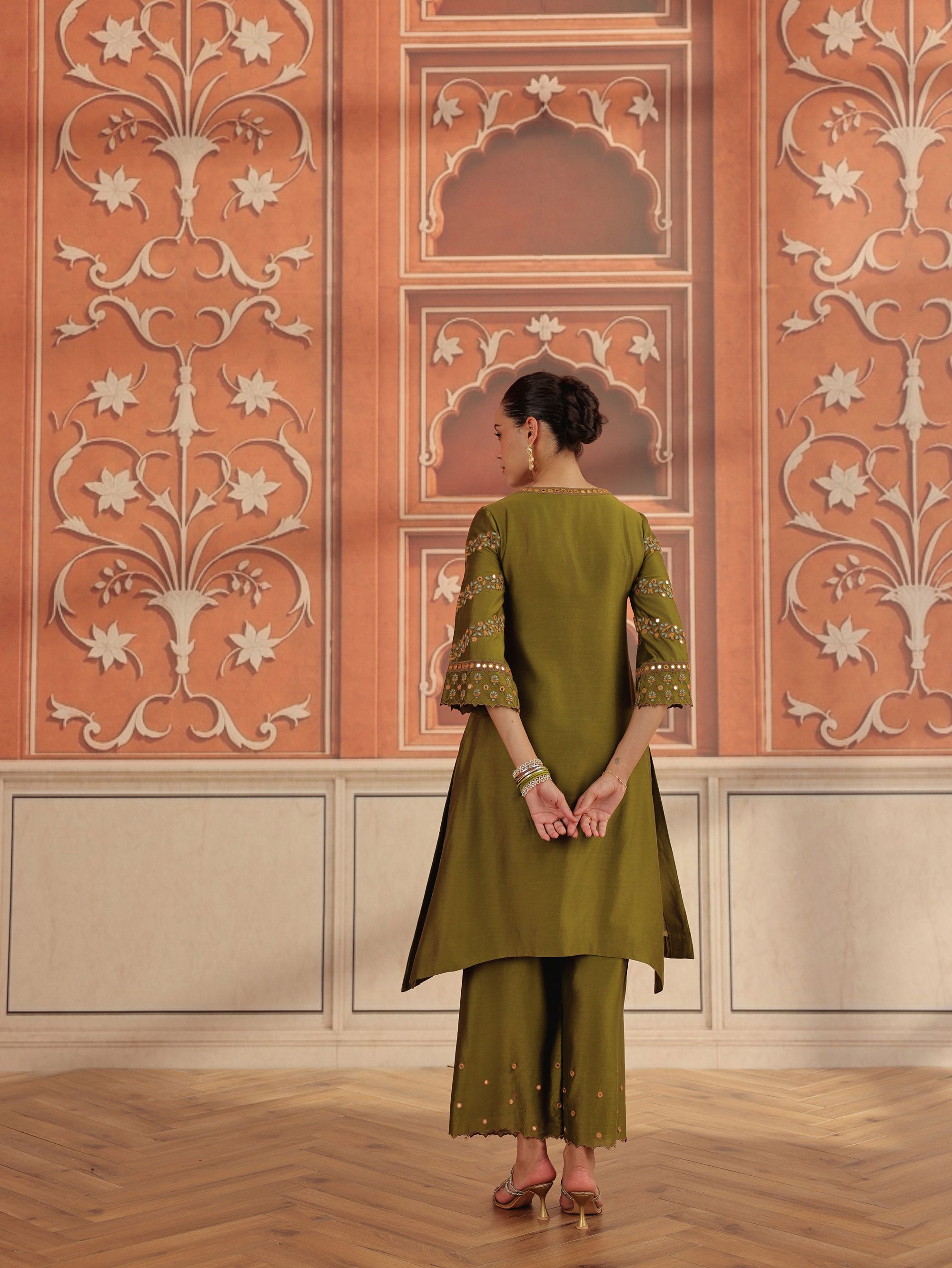 Avin Olive Green Mirror Work Silk Chanderi Handcrafted Kurta Set
