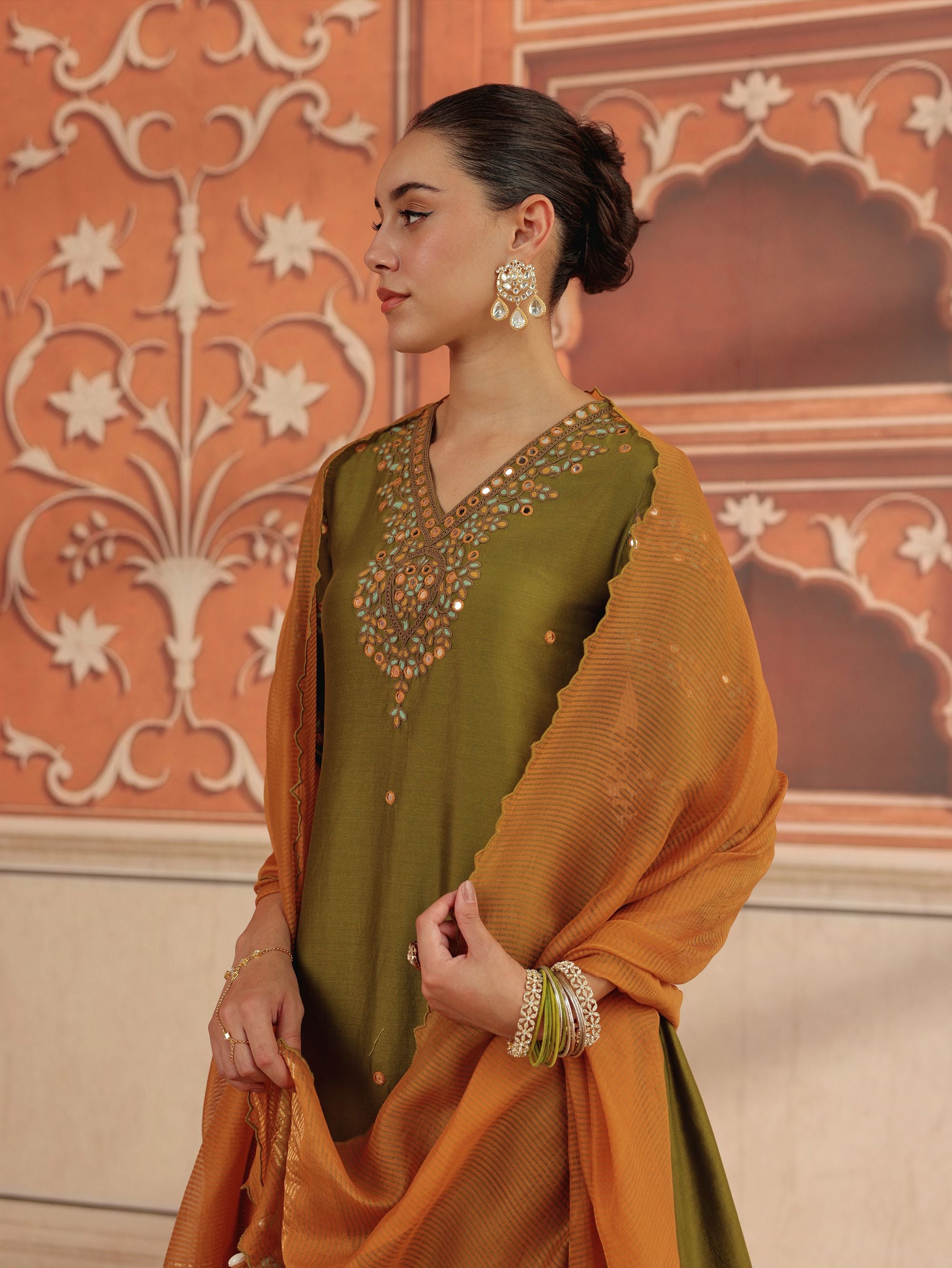 Avin Olive Green Mirror Work Silk Chanderi Handcrafted Kurta Set