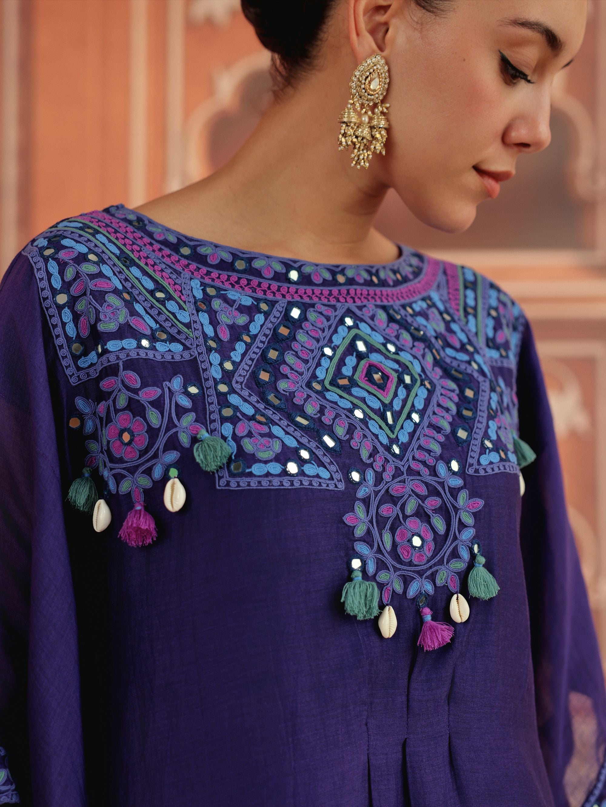Ruvina Purple Mirror Work Mul Chanderi Handcrafted Kaftan