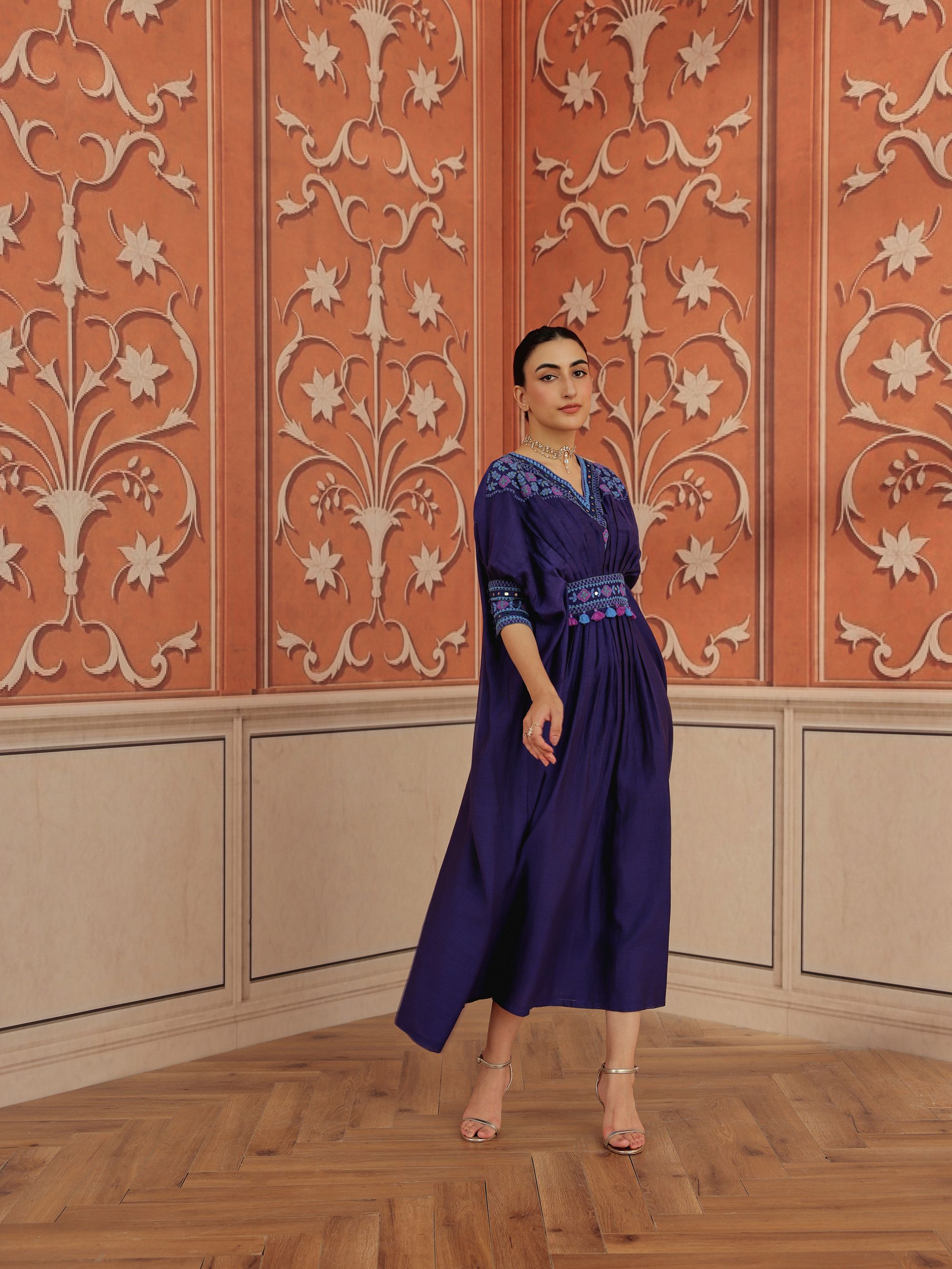 Ruvina Purple Mirror Work Mul Chanderi Handcrafted Kaftan