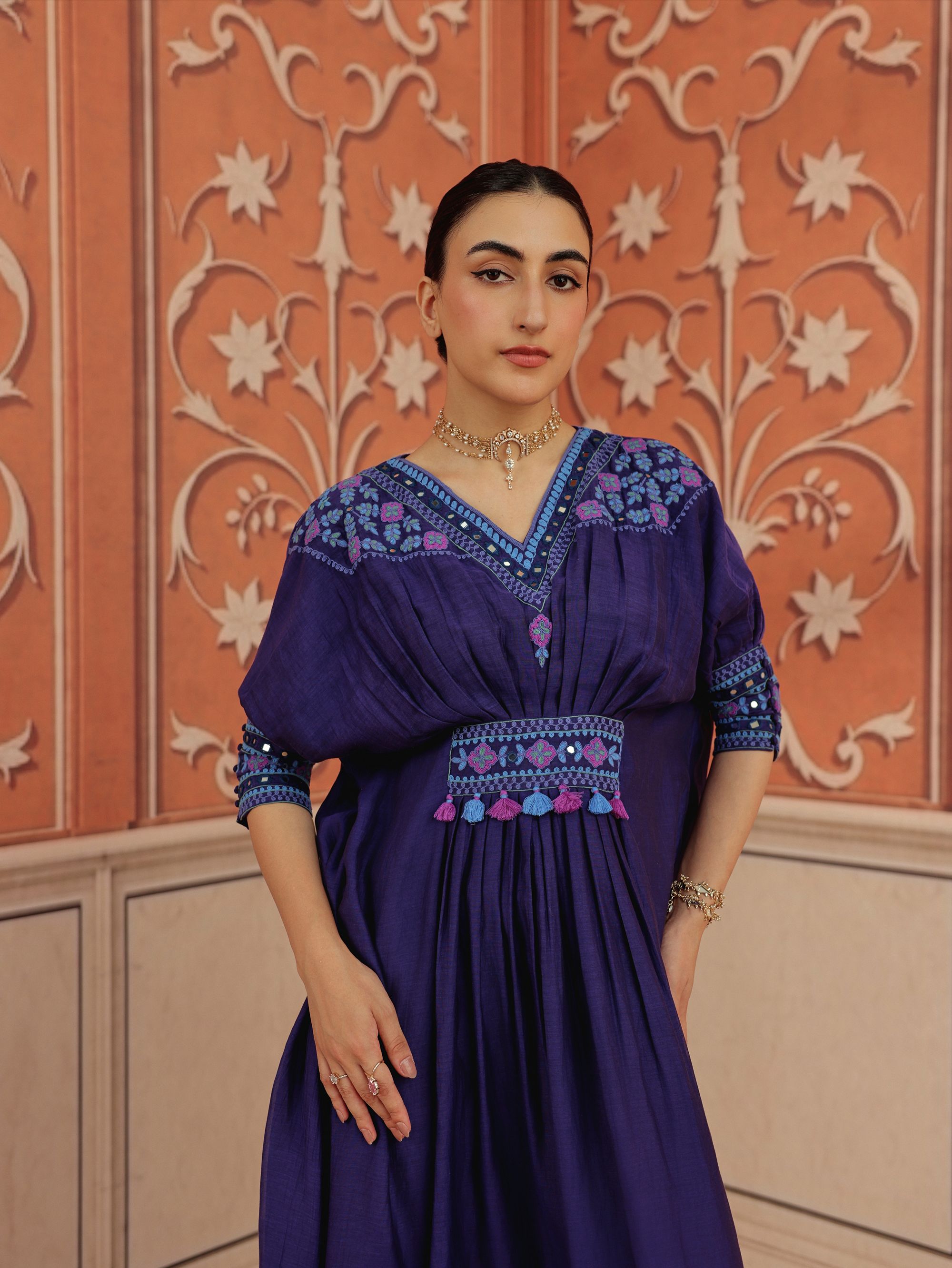 Ruvina Purple Mirror Work Mul Chanderi Handcrafted Kaftan