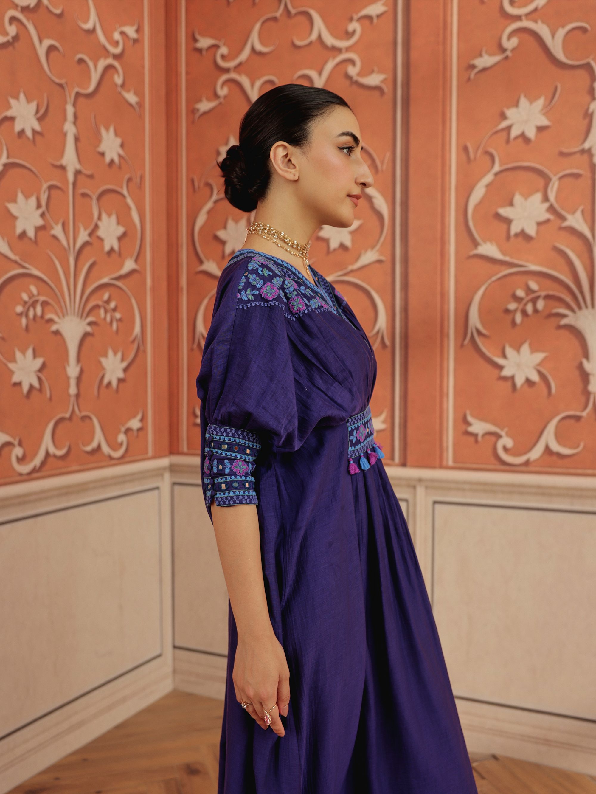 Ruvina Purple Mirror Work Mul Chanderi Handcrafted Kaftan
