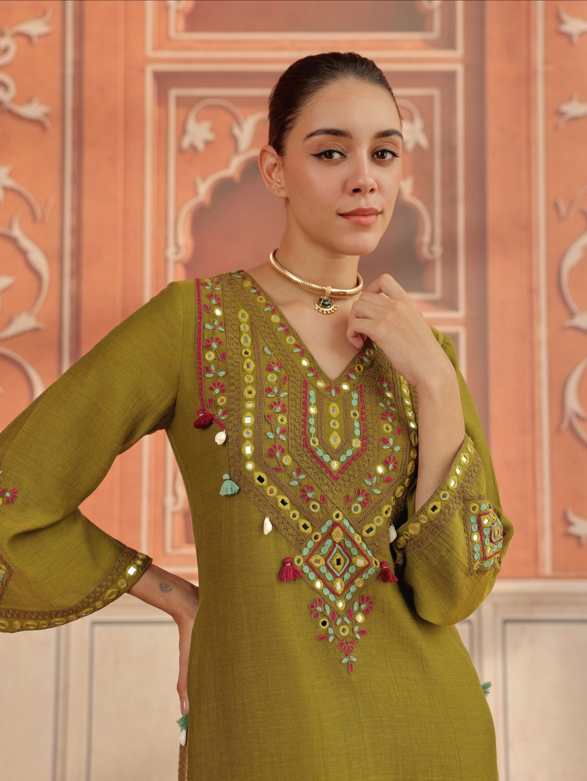 Zeva Olive Green Mirror Work Mul Chanderi Handcrafted Kaftan
