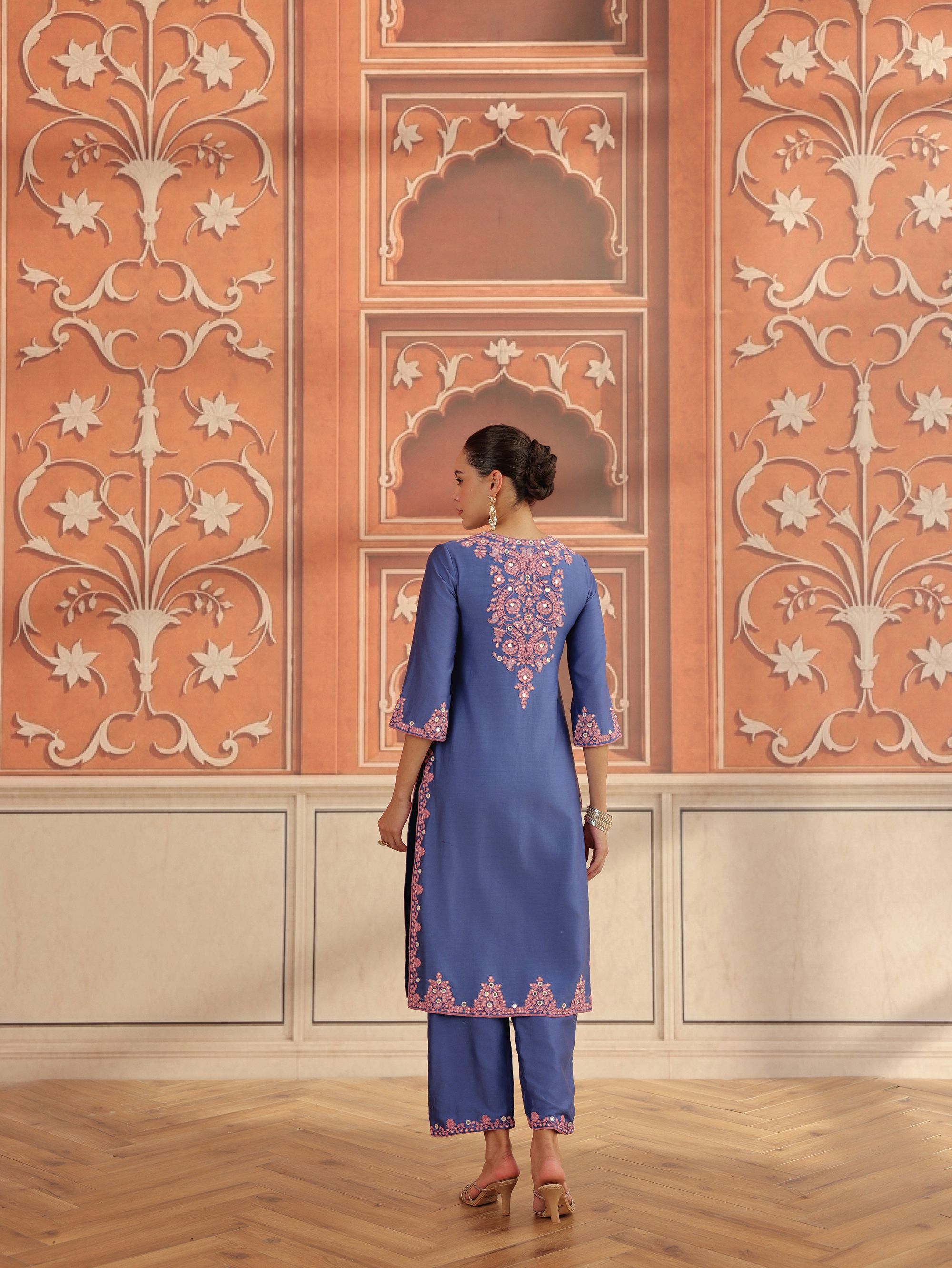 Veya Blue Mirror Work Silk Chanderi Handcrafted Kurta Set