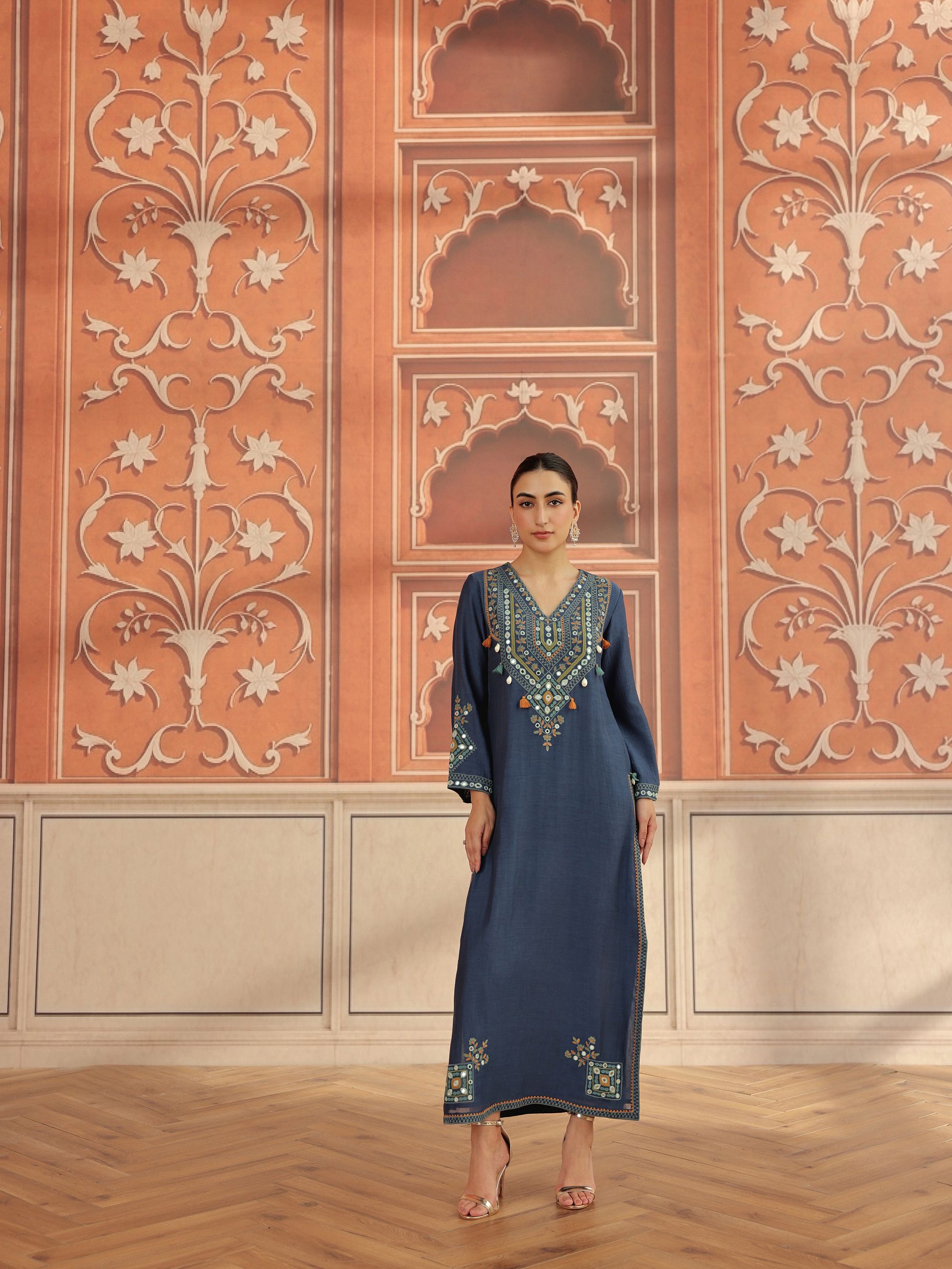 Zeva Navy Blue Mirror Work Mul Chanderi Handcrafted Kaftan