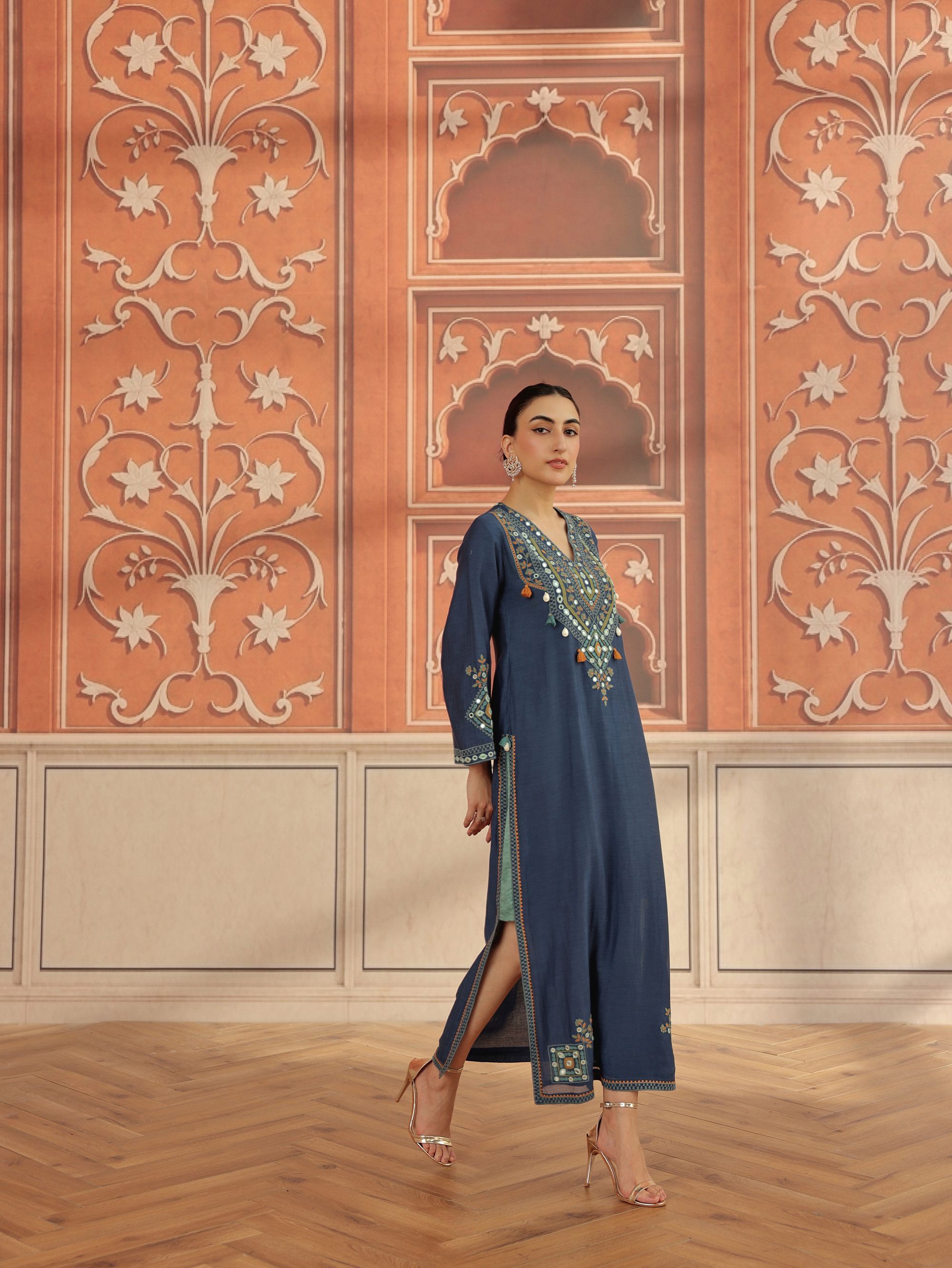 Zeva Navy Blue Mirror Work Mul Chanderi Handcrafted Kaftan