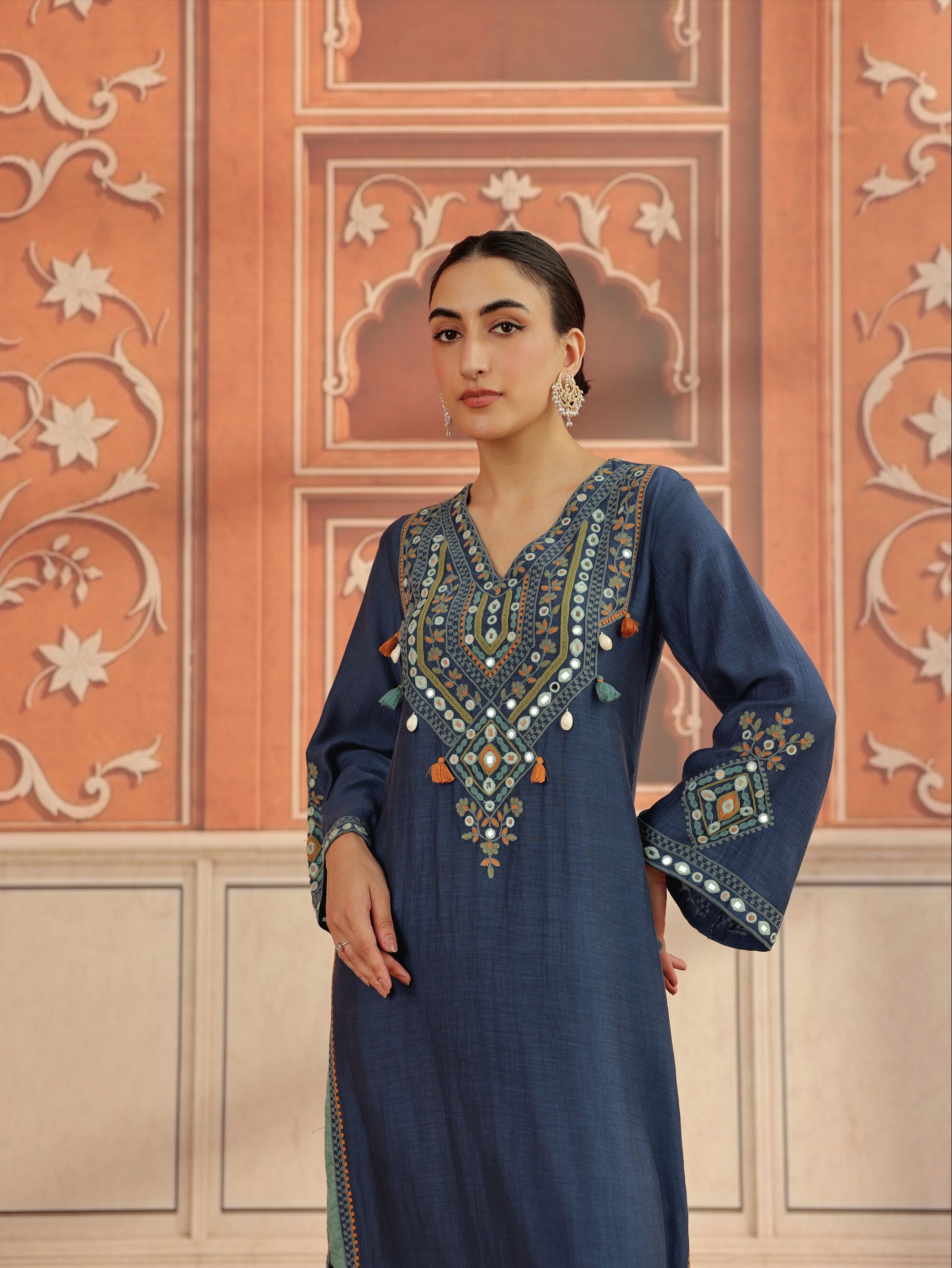 Zeva Navy Blue Mirror Work Mul Chanderi Handcrafted Kaftan