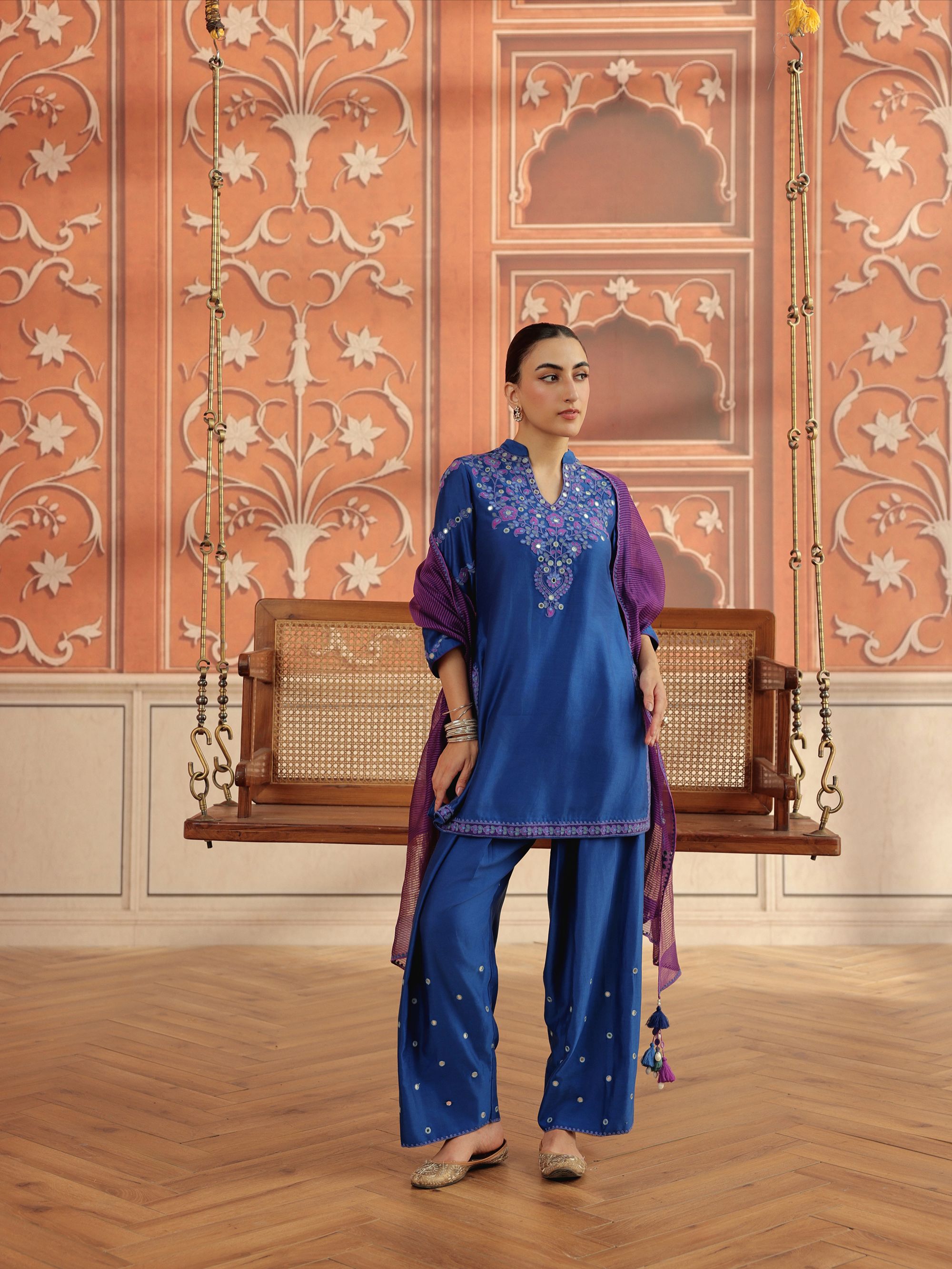 Rasa Royal Blue Mirror Work Handcrafted Silk Chanderi Short Kurta Set with Farshi Salwar