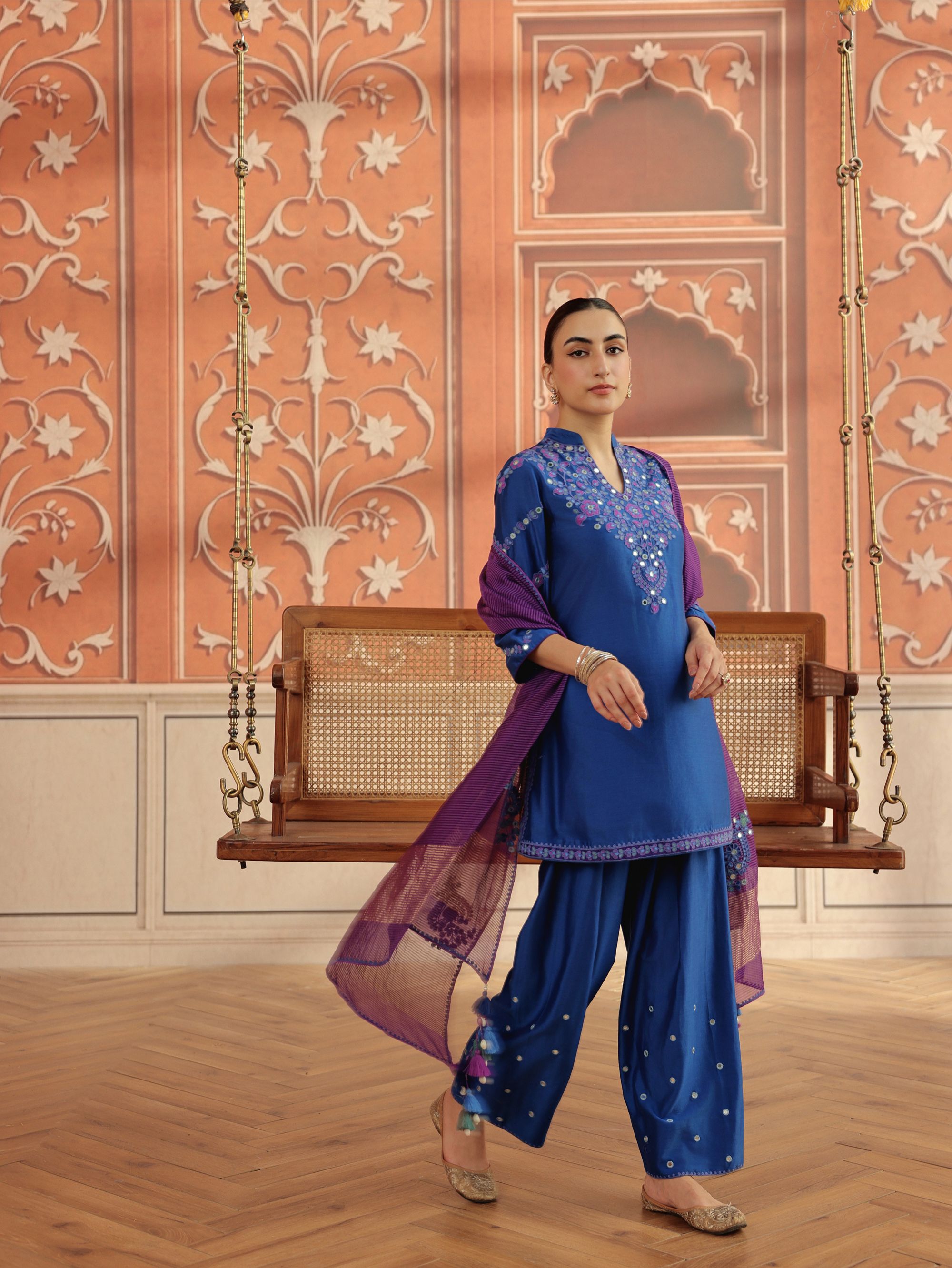 Rasa Royal Blue Mirror Work Handcrafted Silk Chanderi Short Kurta Set with Farshi Salwar