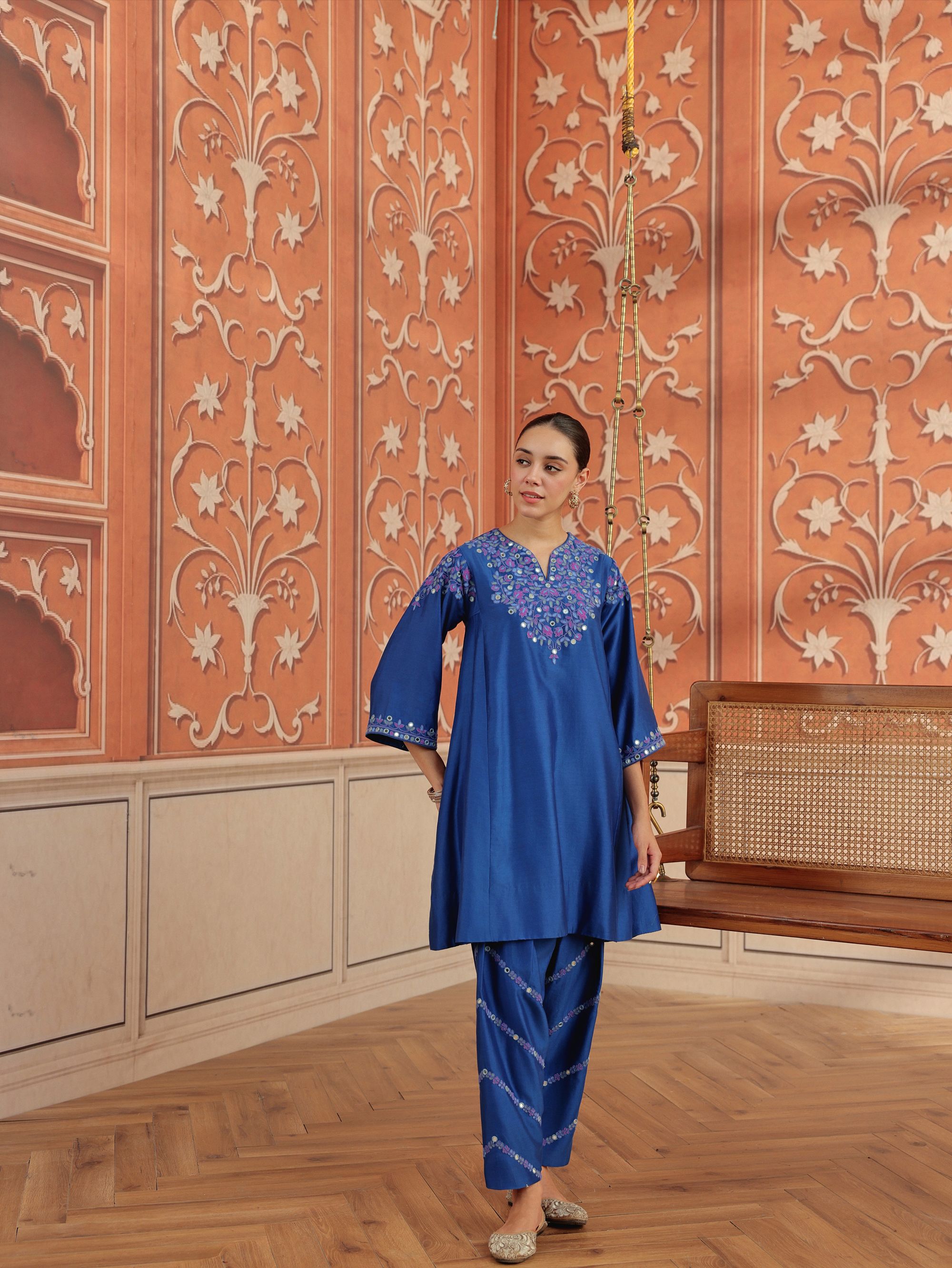 Mirae Royal Blue Mirror Work Silk Chanderi Handcrafted Choga Set