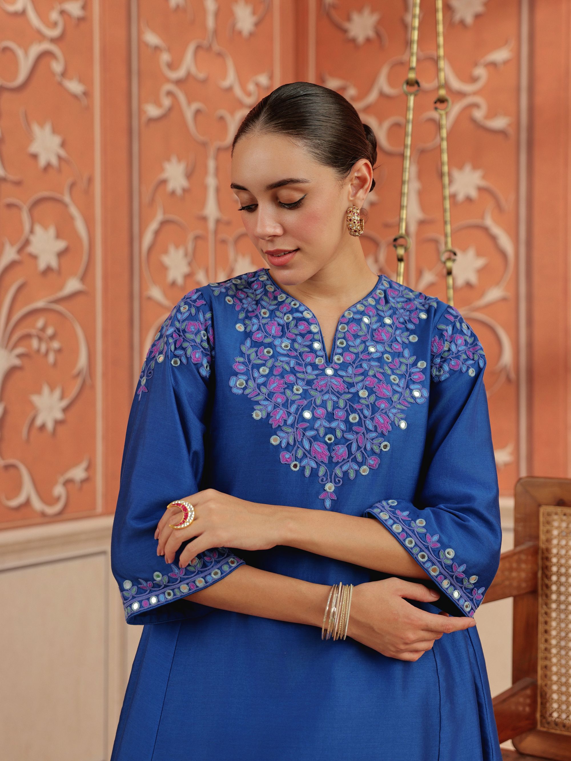 Mirae Royal Blue Mirror Work Silk Chanderi Handcrafted Choga Set