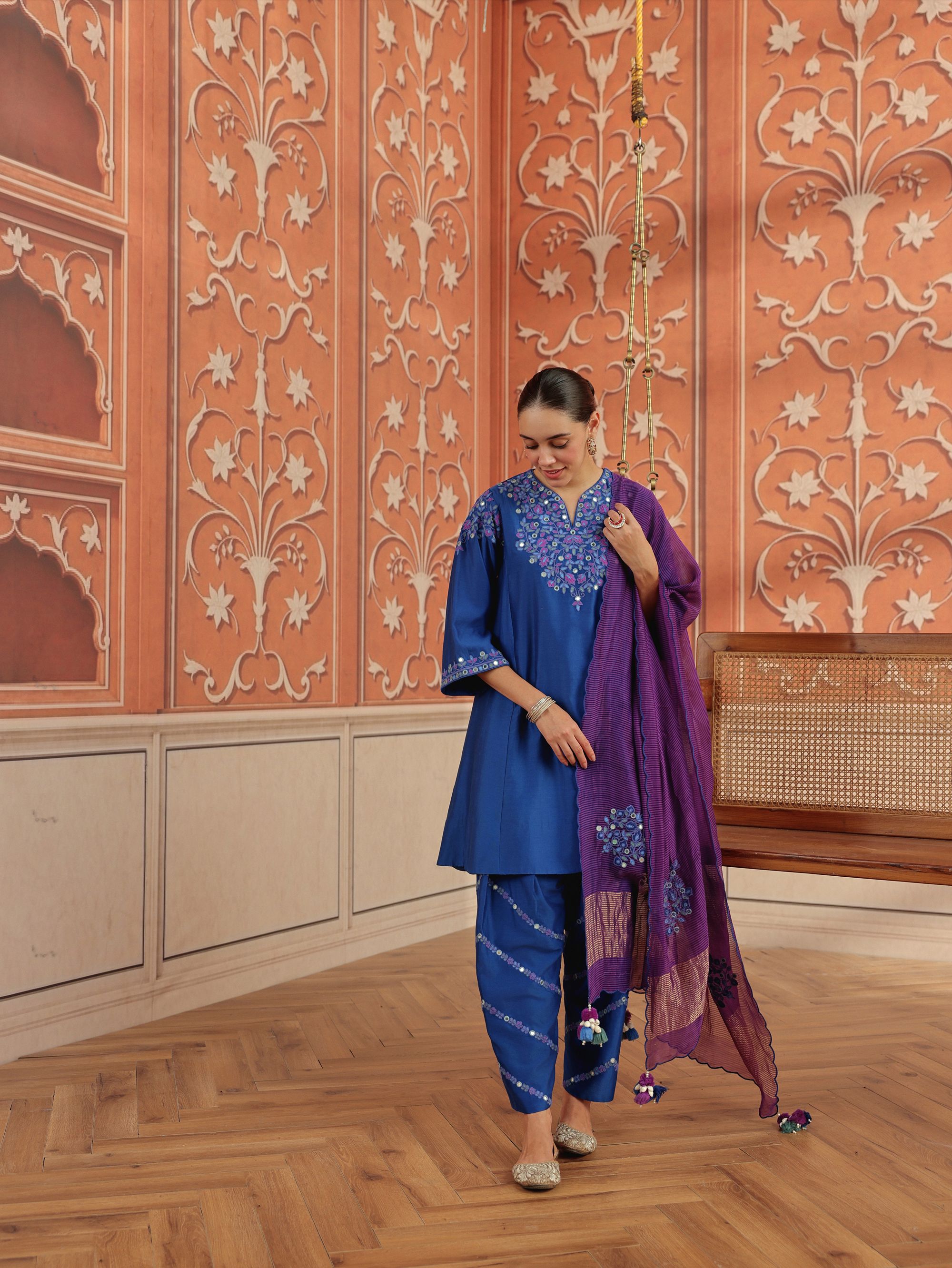 Mirae Royal Blue Mirror Work Silk Chanderi Handcrafted Choga Set
