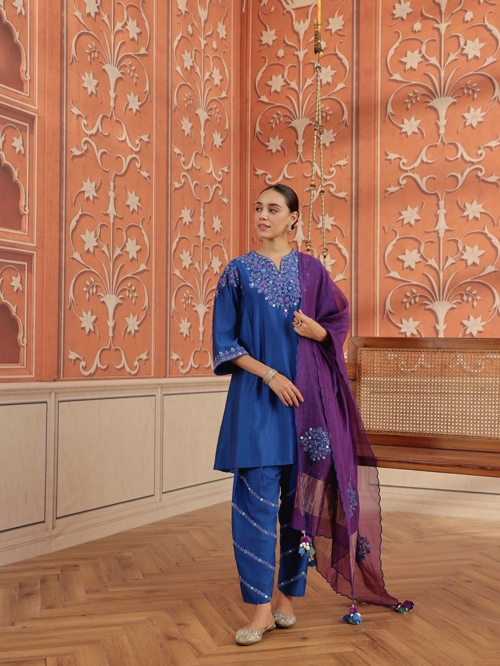 Mirae Royal Blue Mirror Work Silk Chanderi Handcrafted Choga Set