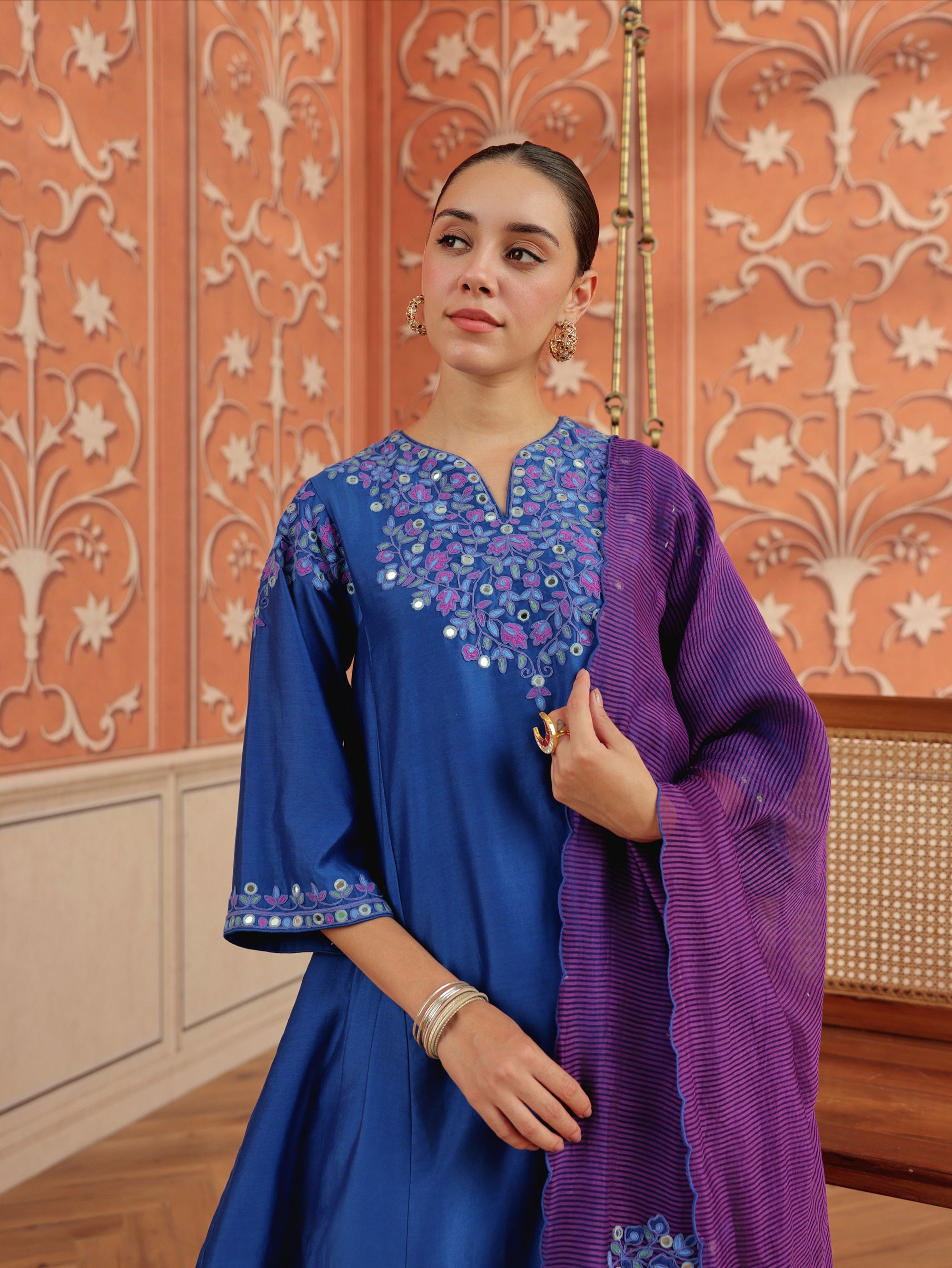 Mirae Royal Blue Mirror Work Silk Chanderi Handcrafted Choga Set