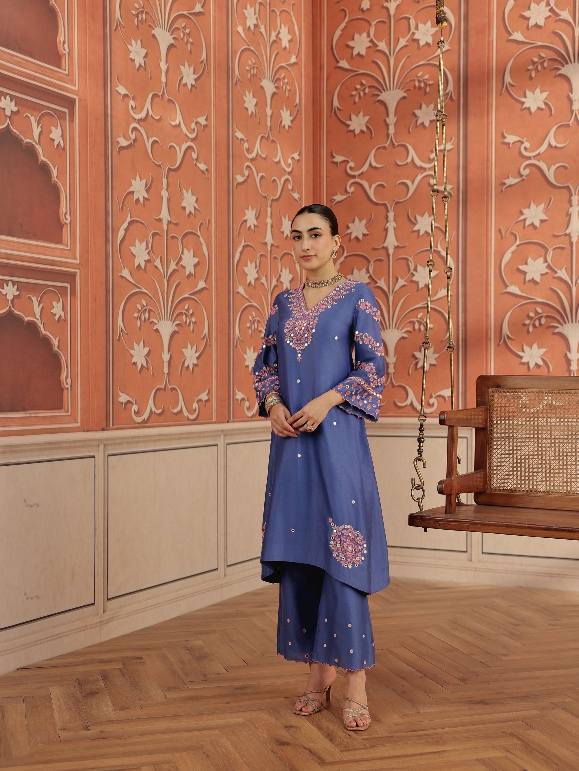 Avin Blue Mirror Work Silk Chanderi Handcrafted Kurta Set