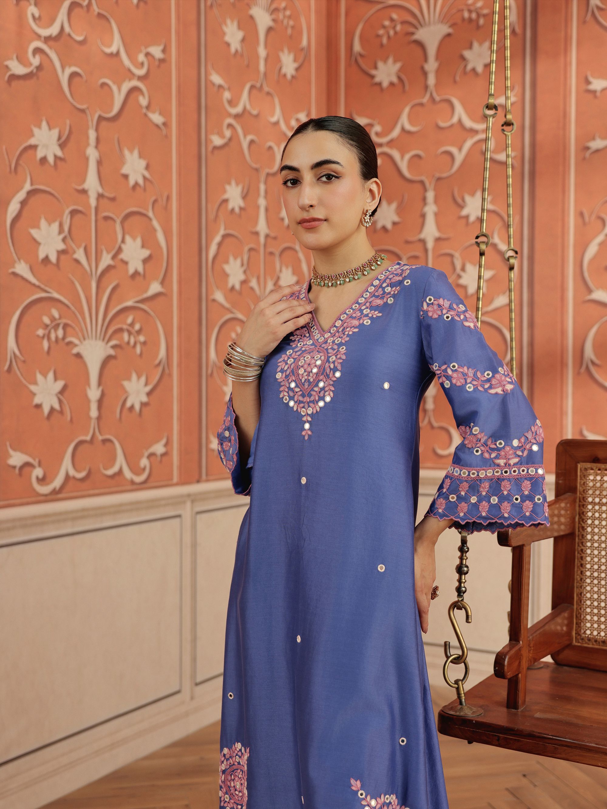 Avin Blue Mirror Work Silk Chanderi Handcrafted Kurta Set