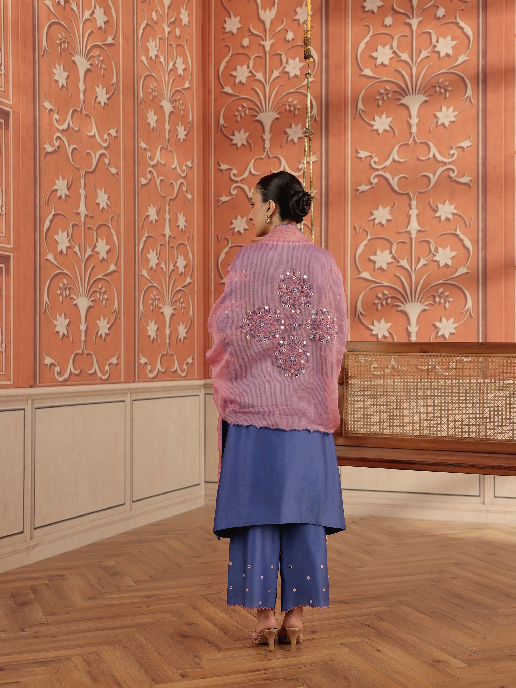 Avin Blue Mirror Work Silk Chanderi Handcrafted Kurta Set