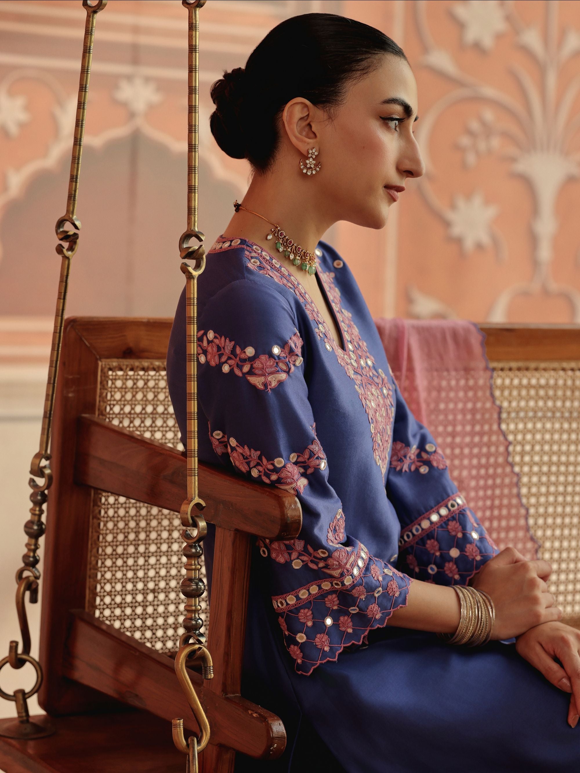 Avin Blue Mirror Work Silk Chanderi Handcrafted Kurta Set