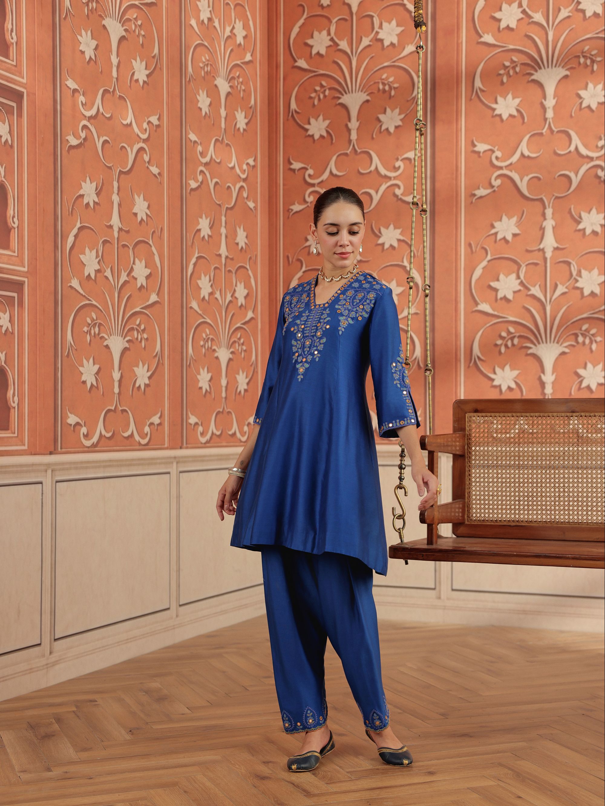 Zora Royal Blue Mirror Work Silk Chanderi Handcrafted A-Line Kurta Set