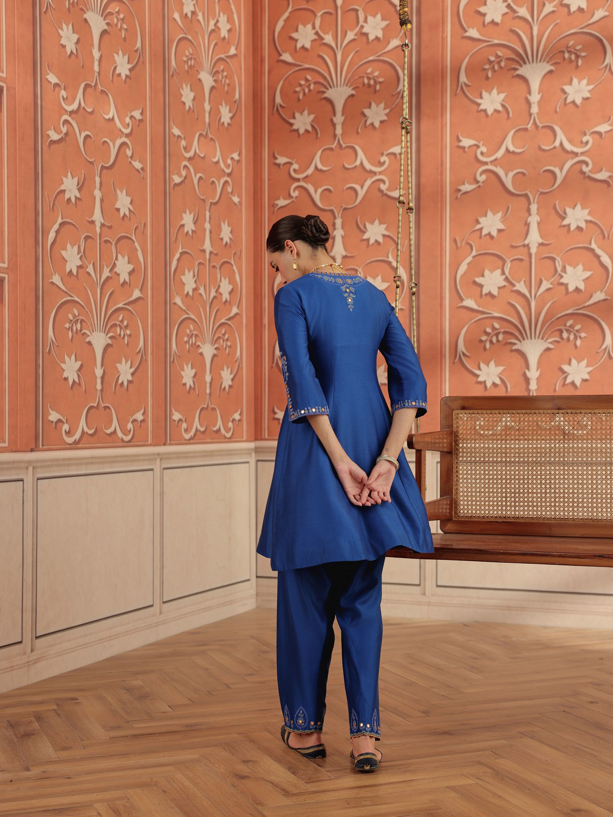 Zora Royal Blue Mirror Work Silk Chanderi Handcrafted A-Line Kurta Set
